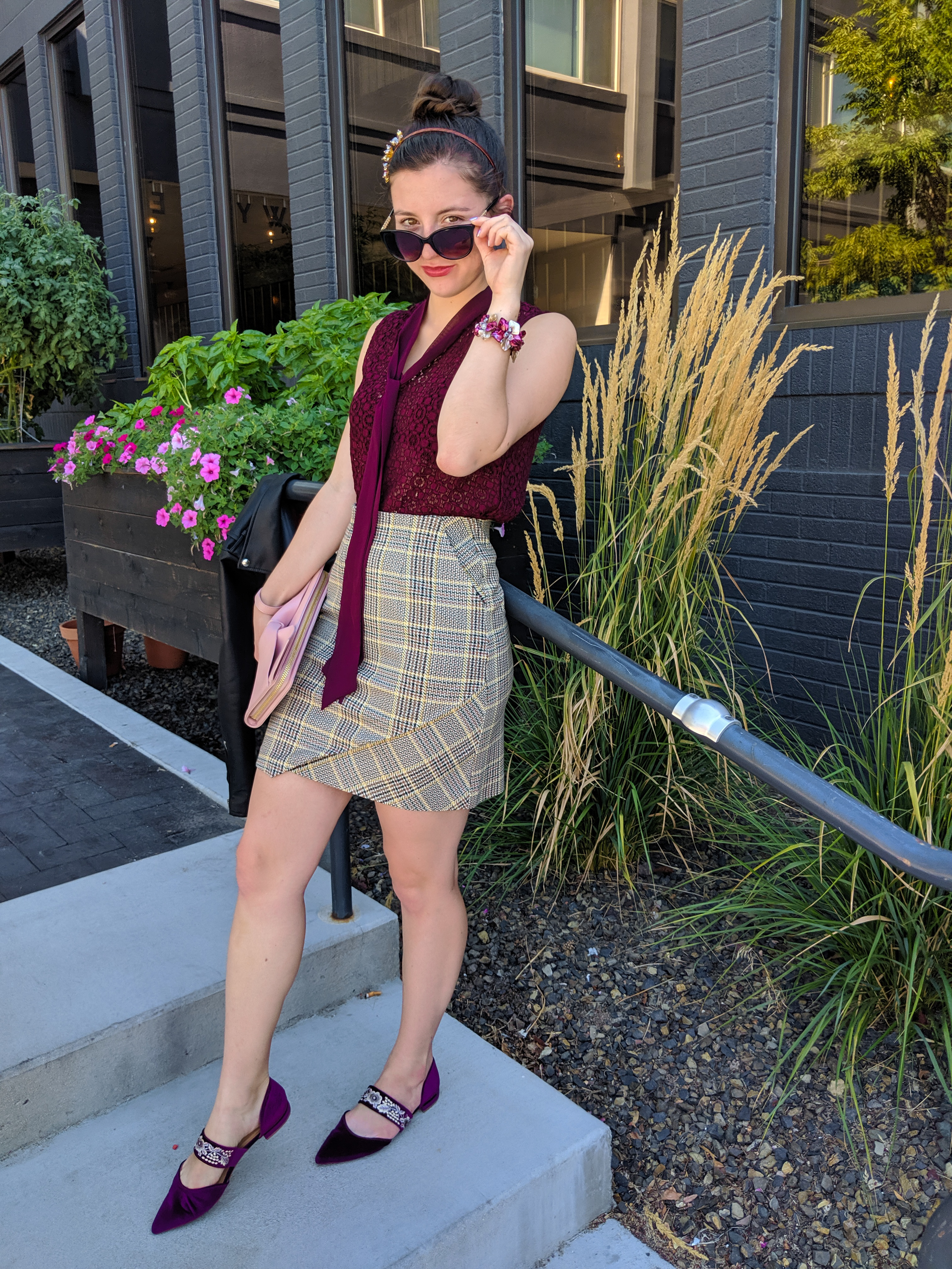 headband, plaid skirt, maroon blouse, work outfit, corporate style