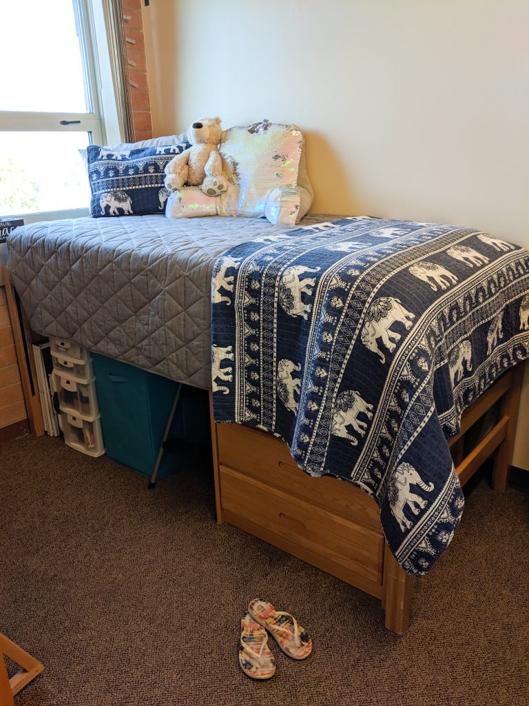 college dorm room, lofted bed, dorm room makeover