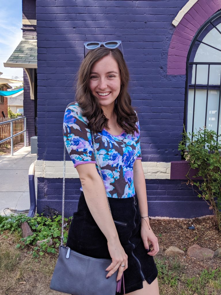 floral t-shirt, fall outfit, black corduroy skirt