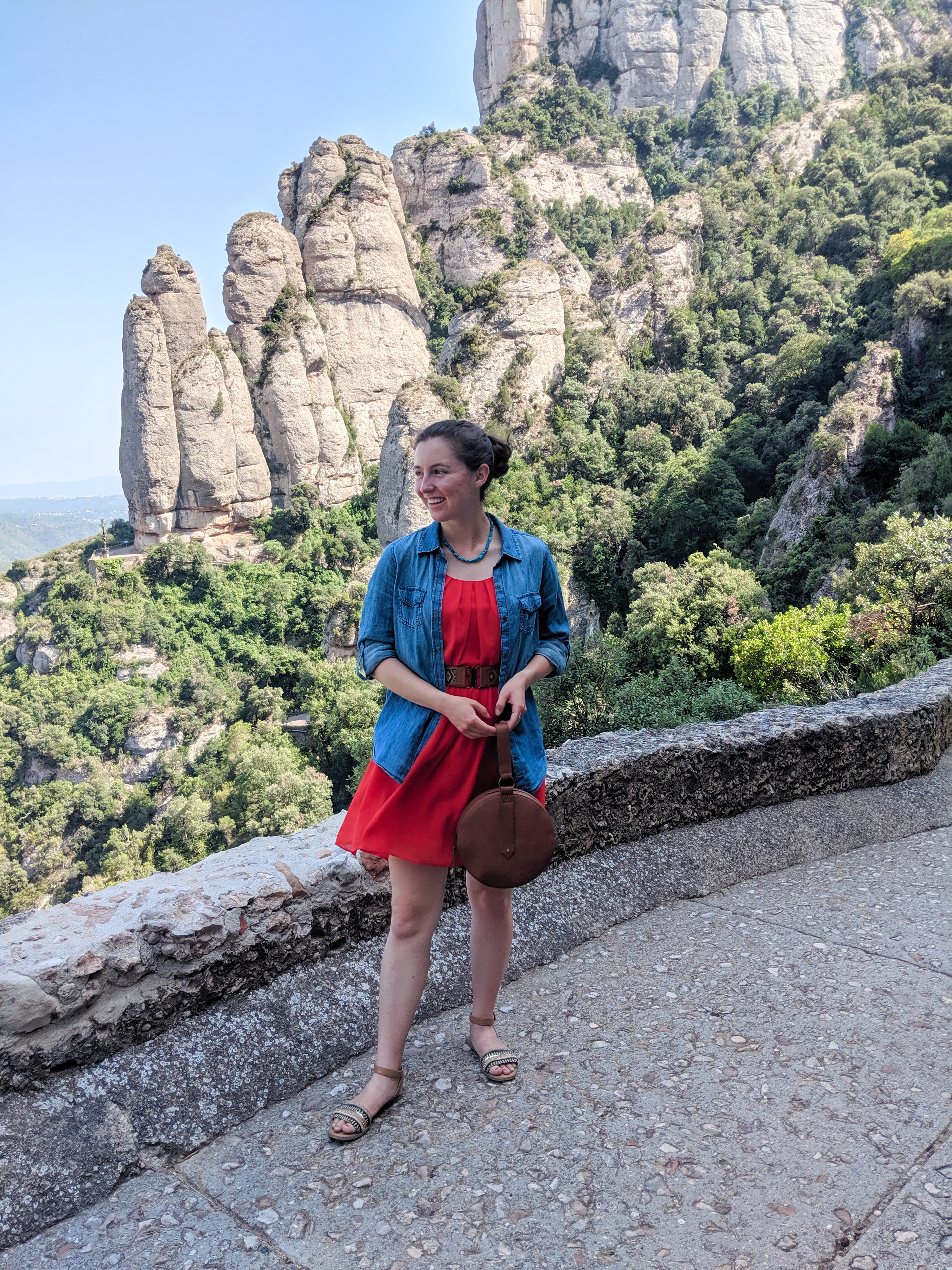 Montesserat day trip, Barcelona, mountain views, red dress