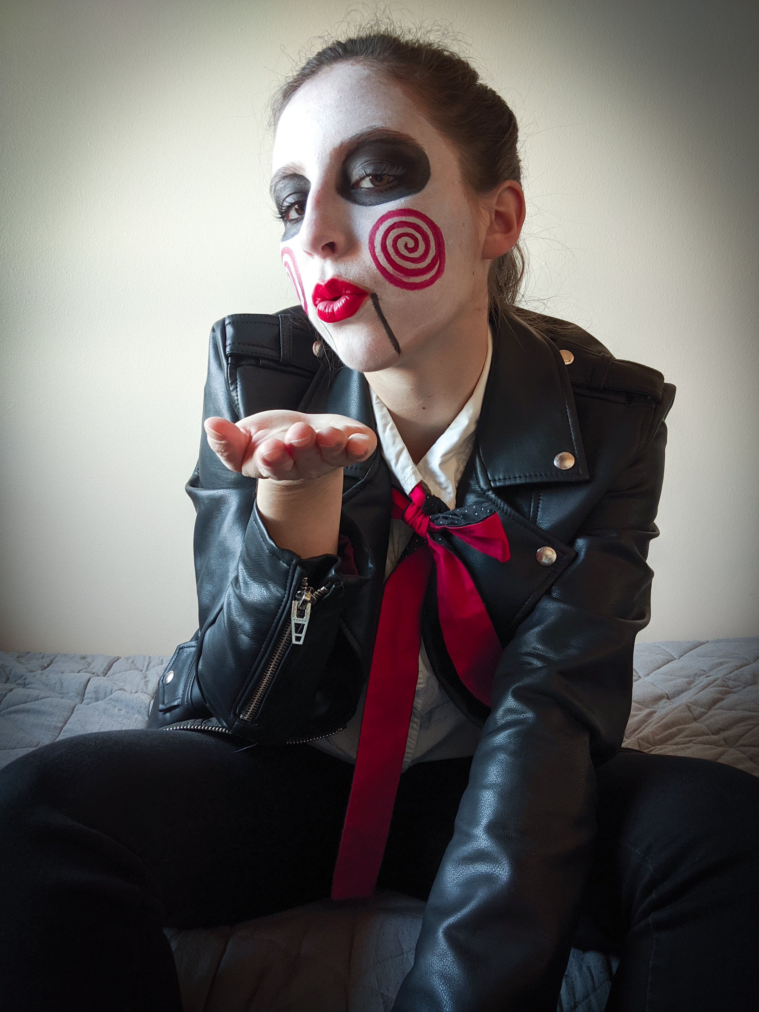 Halloween costume, red lipstick, face paint, Saw movie