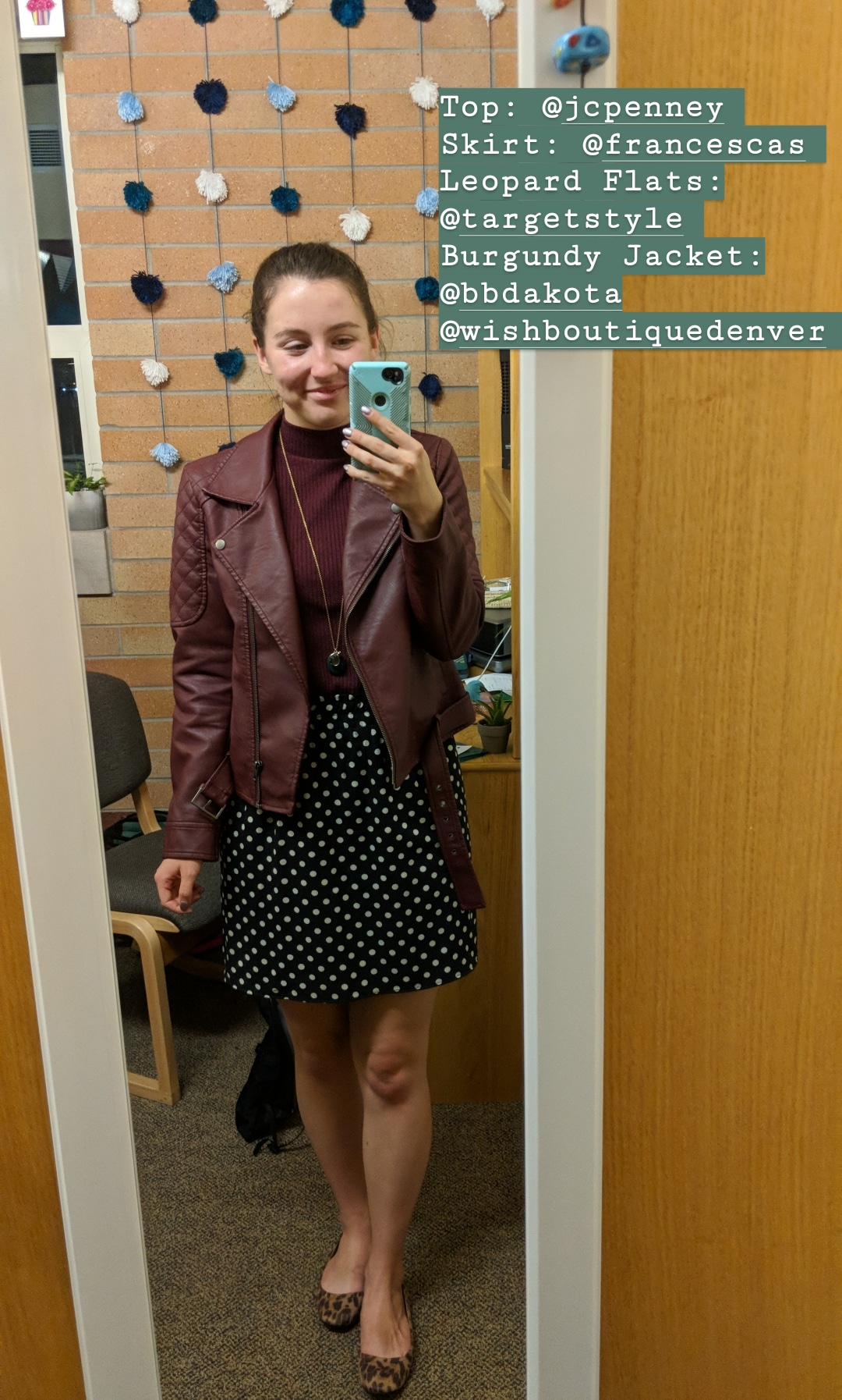burgundy jacket, polka dot skirt, pattern mixing, leopard flats