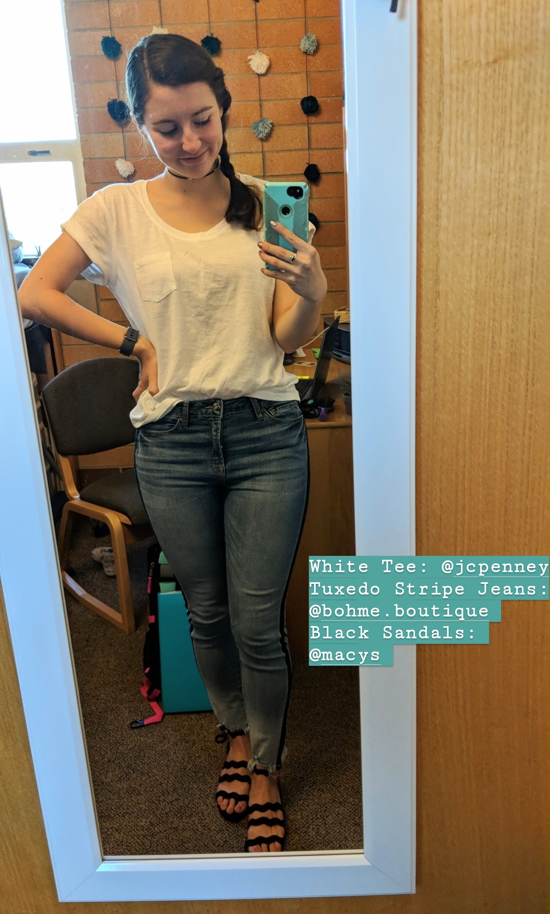 white tee, tuxedo stripe jeans, casual style