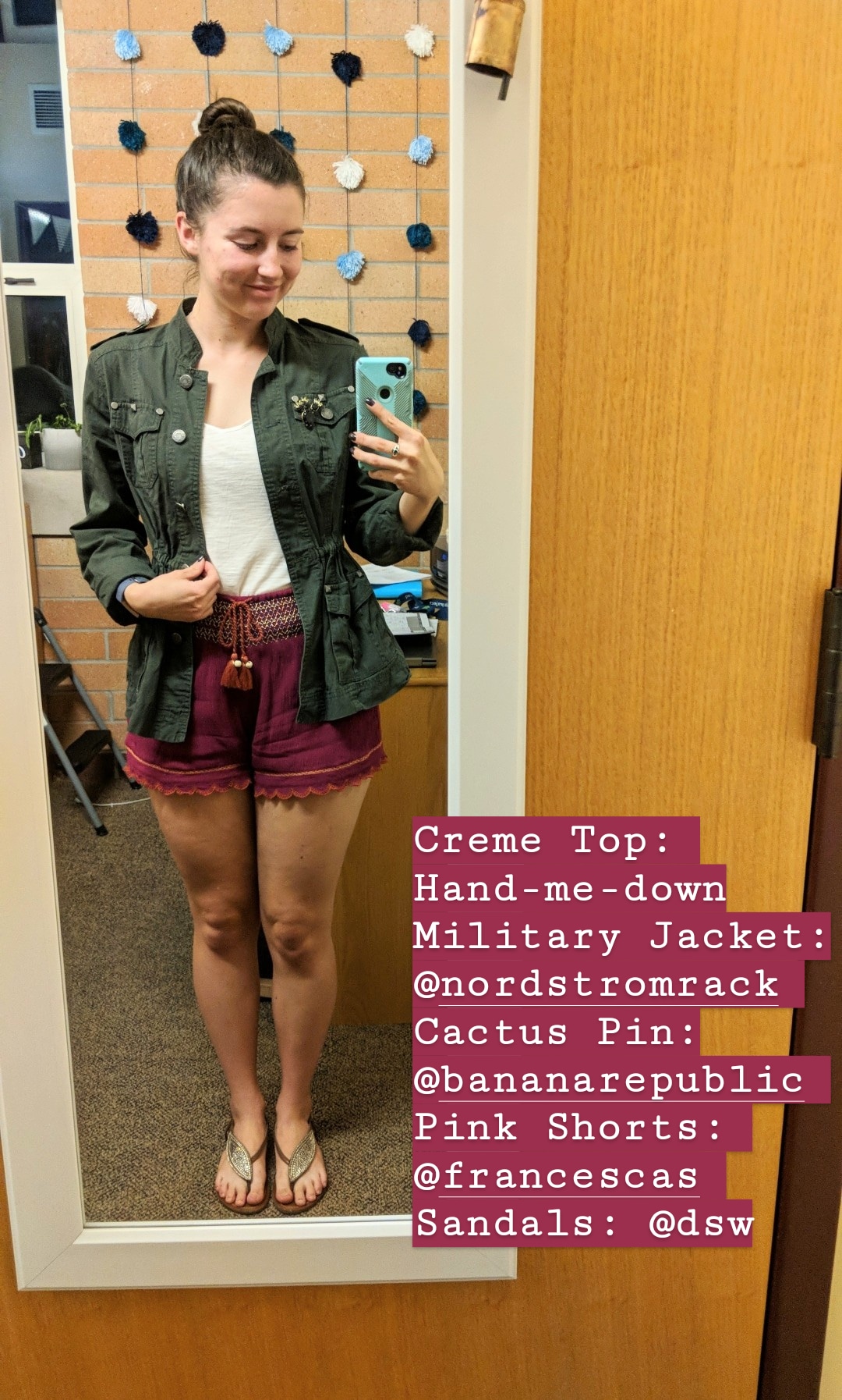 military jacket, pink shorts, casual fall style