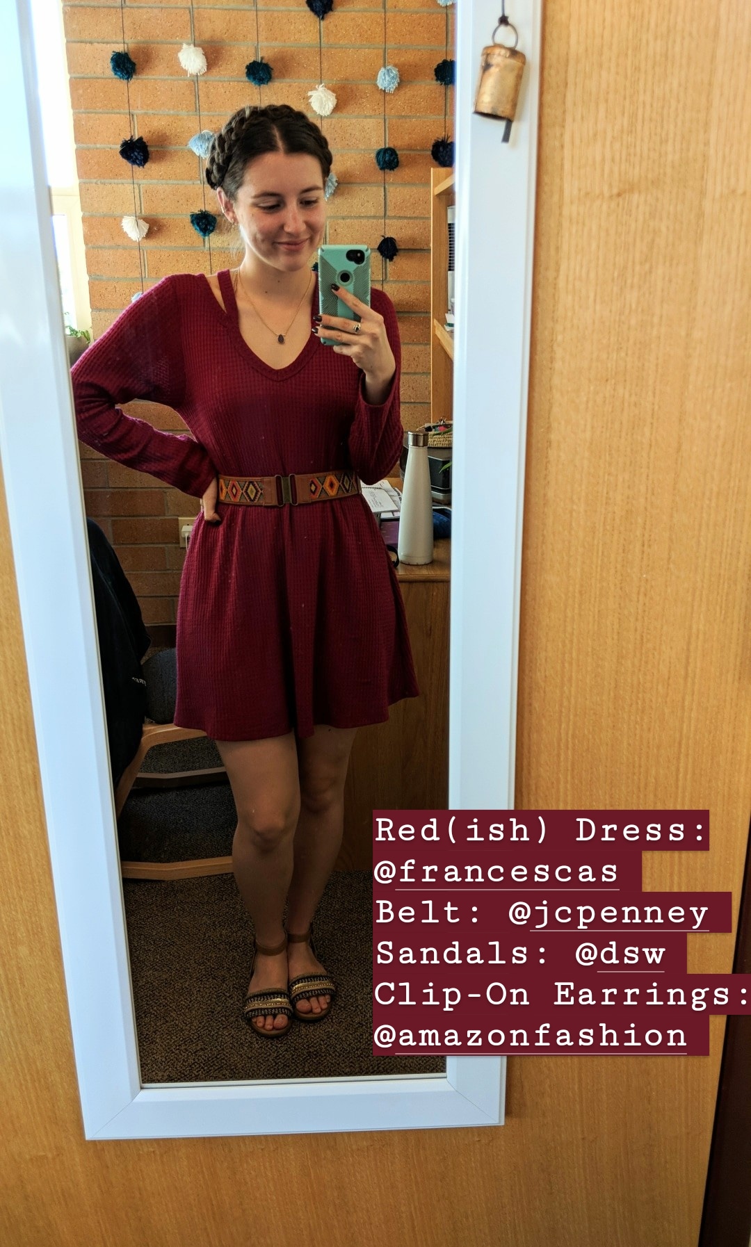 red dress, Francesca's, brown sandals, milkmaid braids
