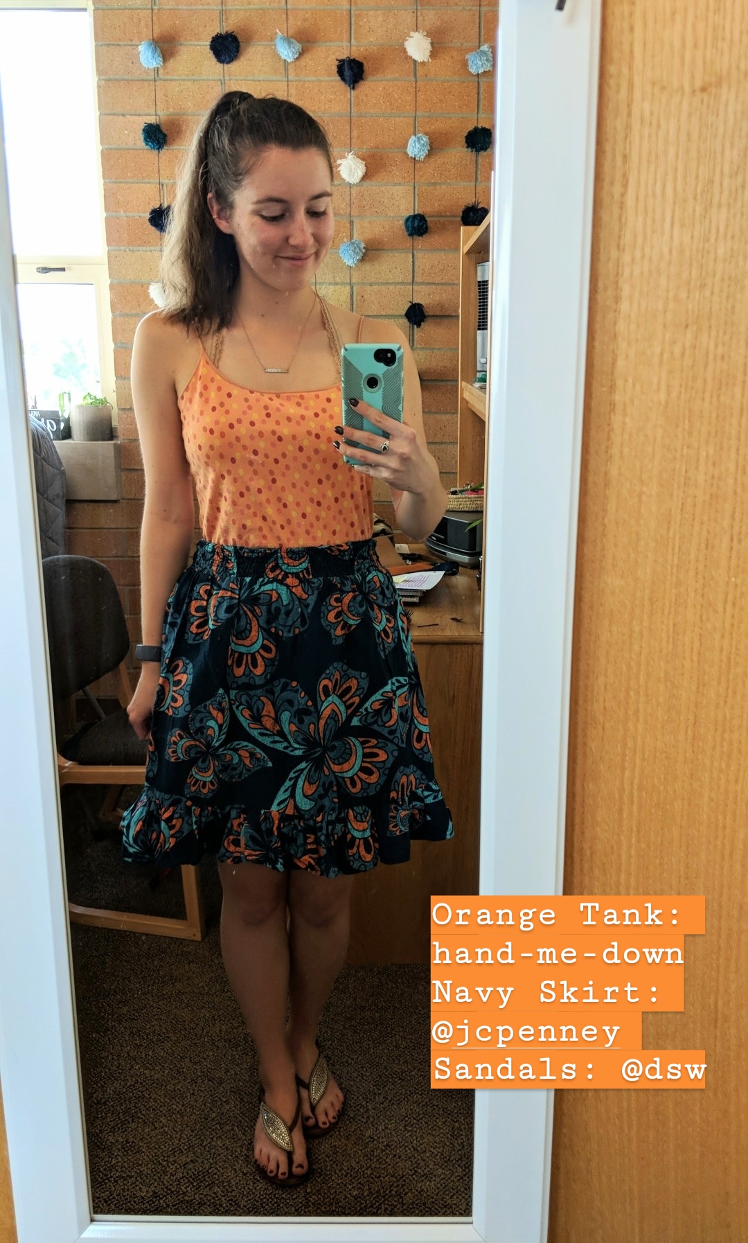 pattern mixing, print mixing, orange tank top, hand-me-down
