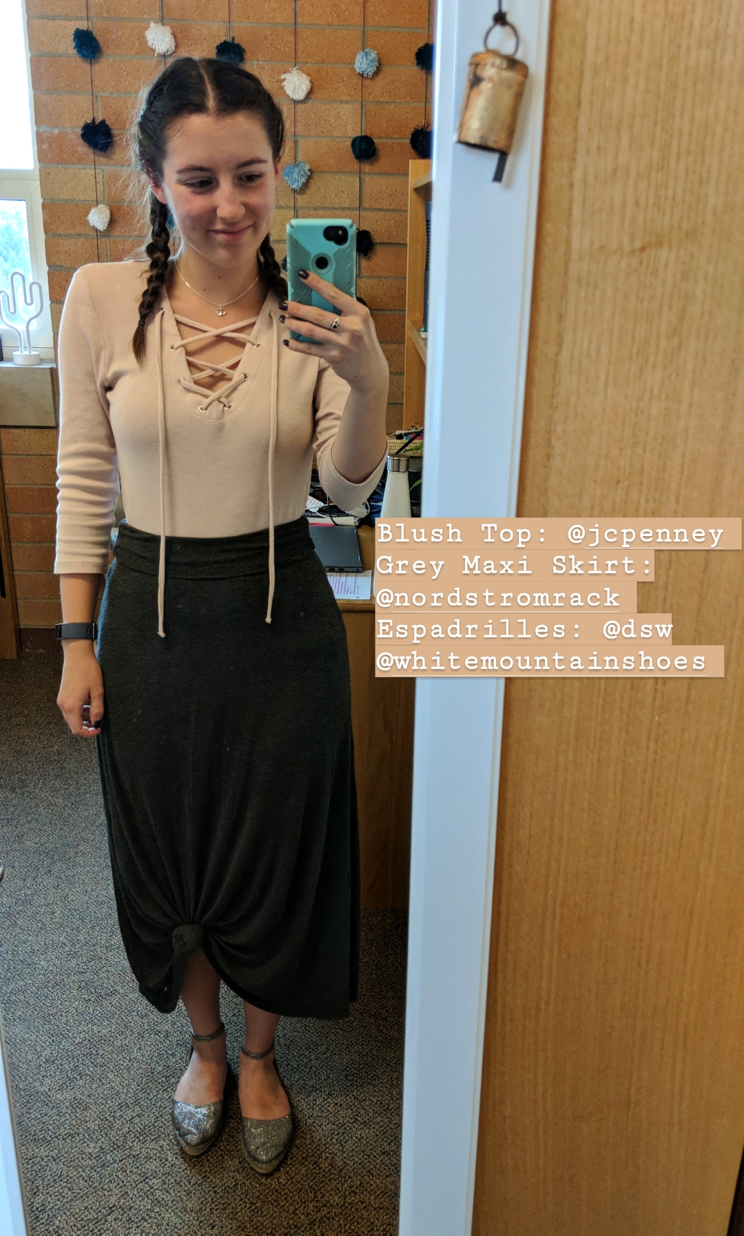 blush lace up top, grey maxi skirt, fall outfit