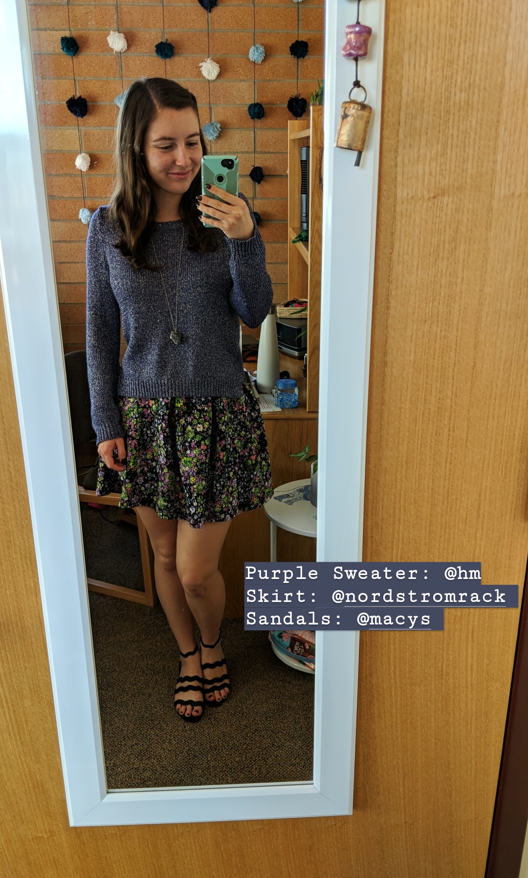 purple sparkly sweater, floral skirt, black sandals