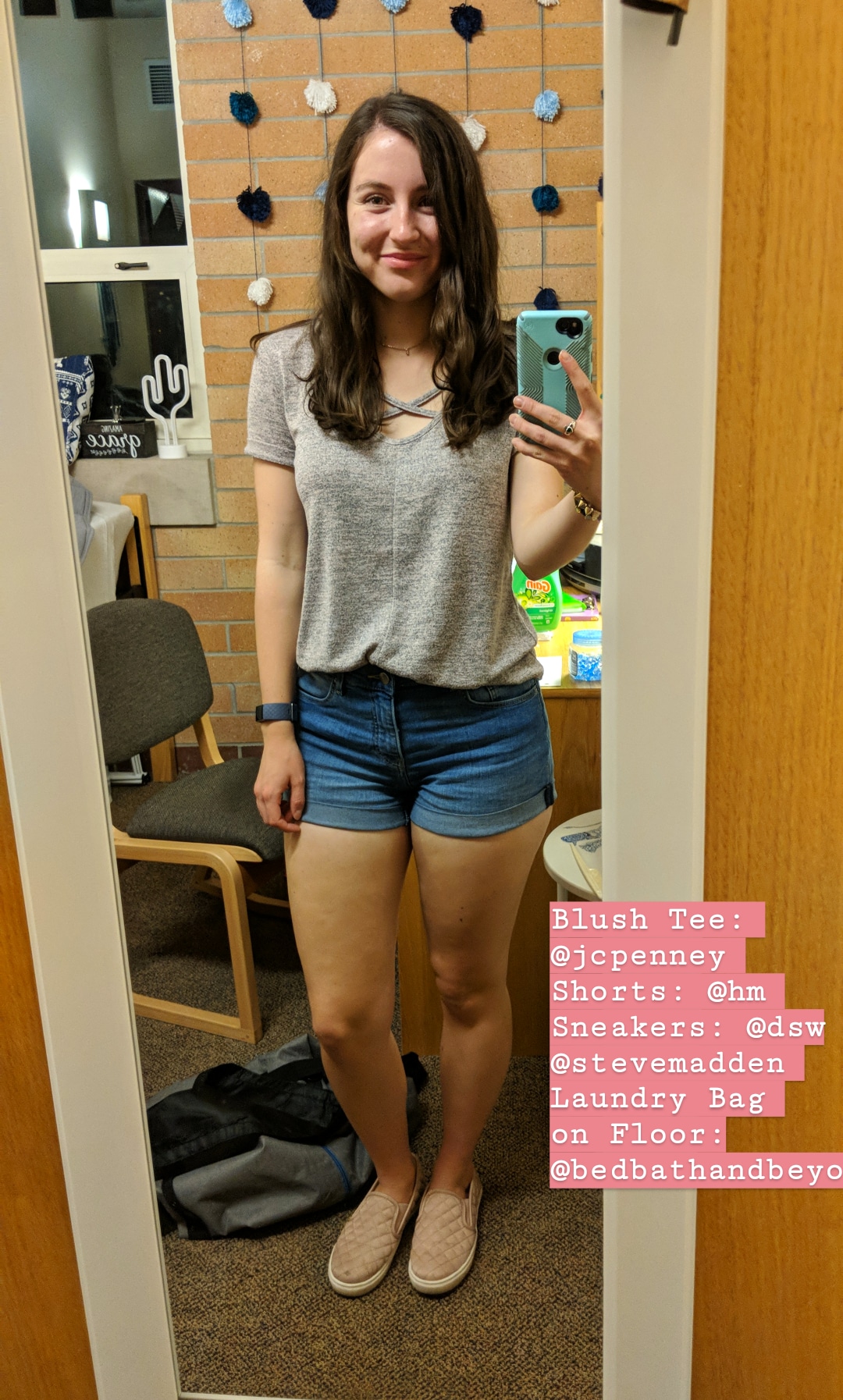 blush tee, jean shorts, casual style, college style