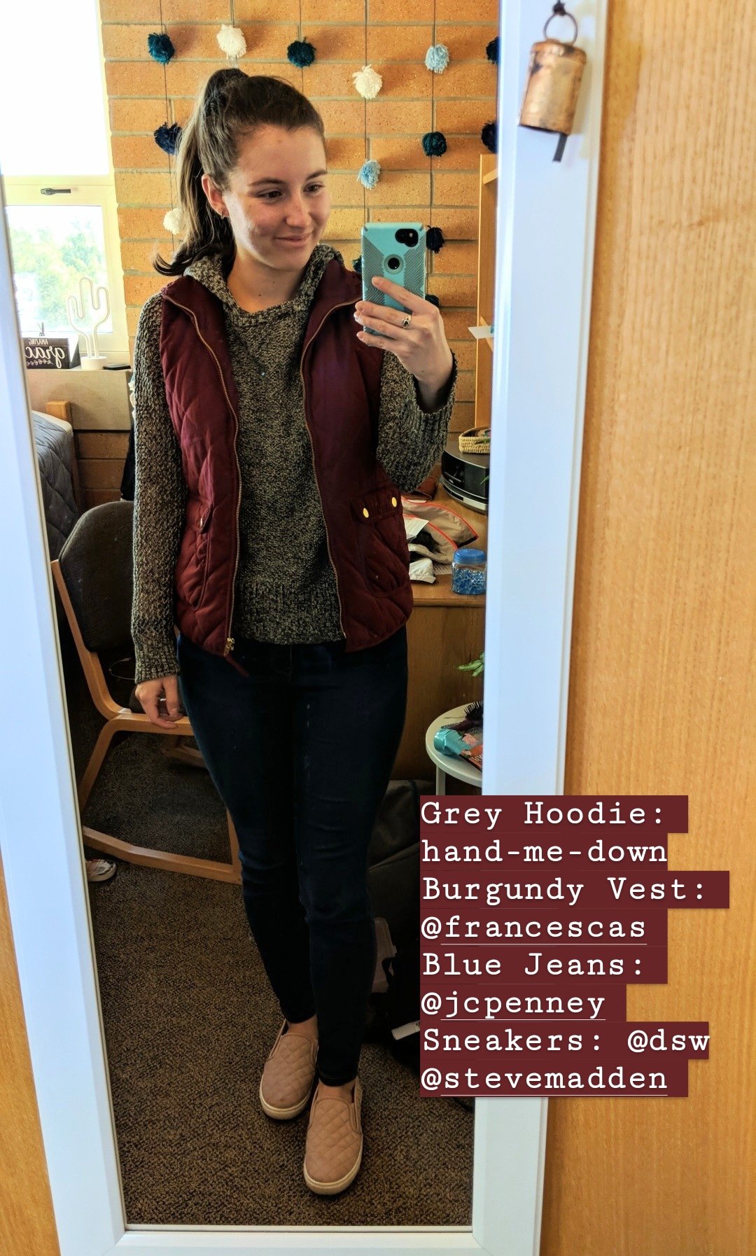 casual fall style, quilted vest, grey hoodie, sneakers, college style