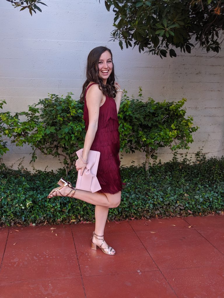 rose gold accessories, blush clutch, crimson dress