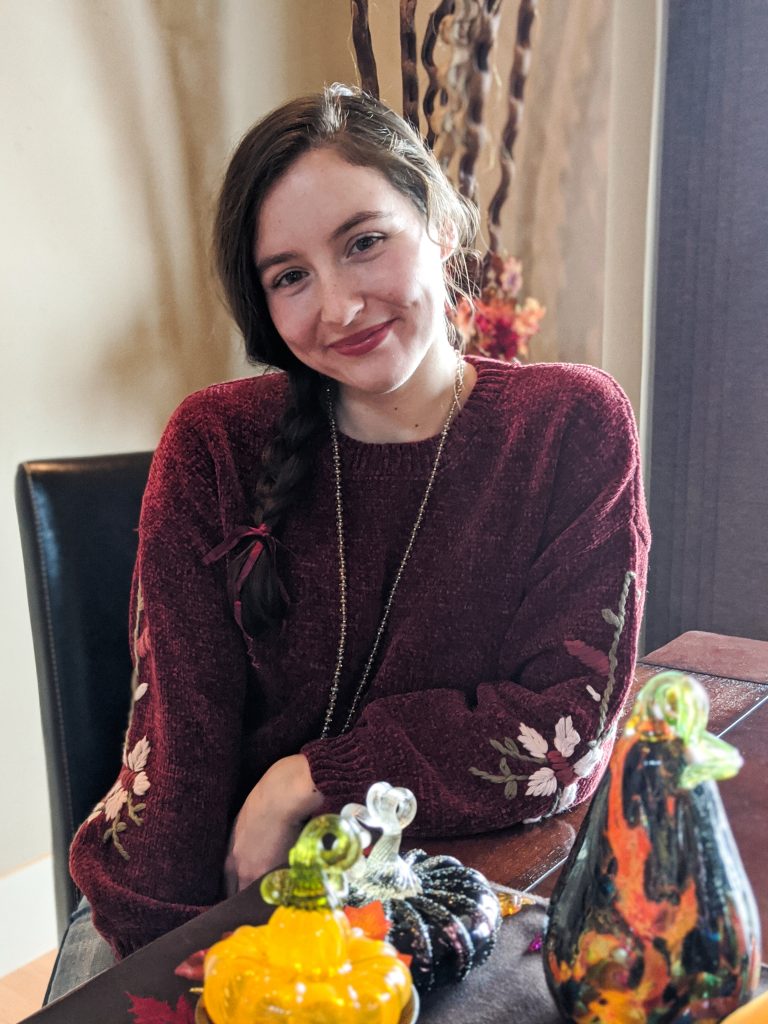 Thanksgiving outfit, glass pumpkin centerpiece