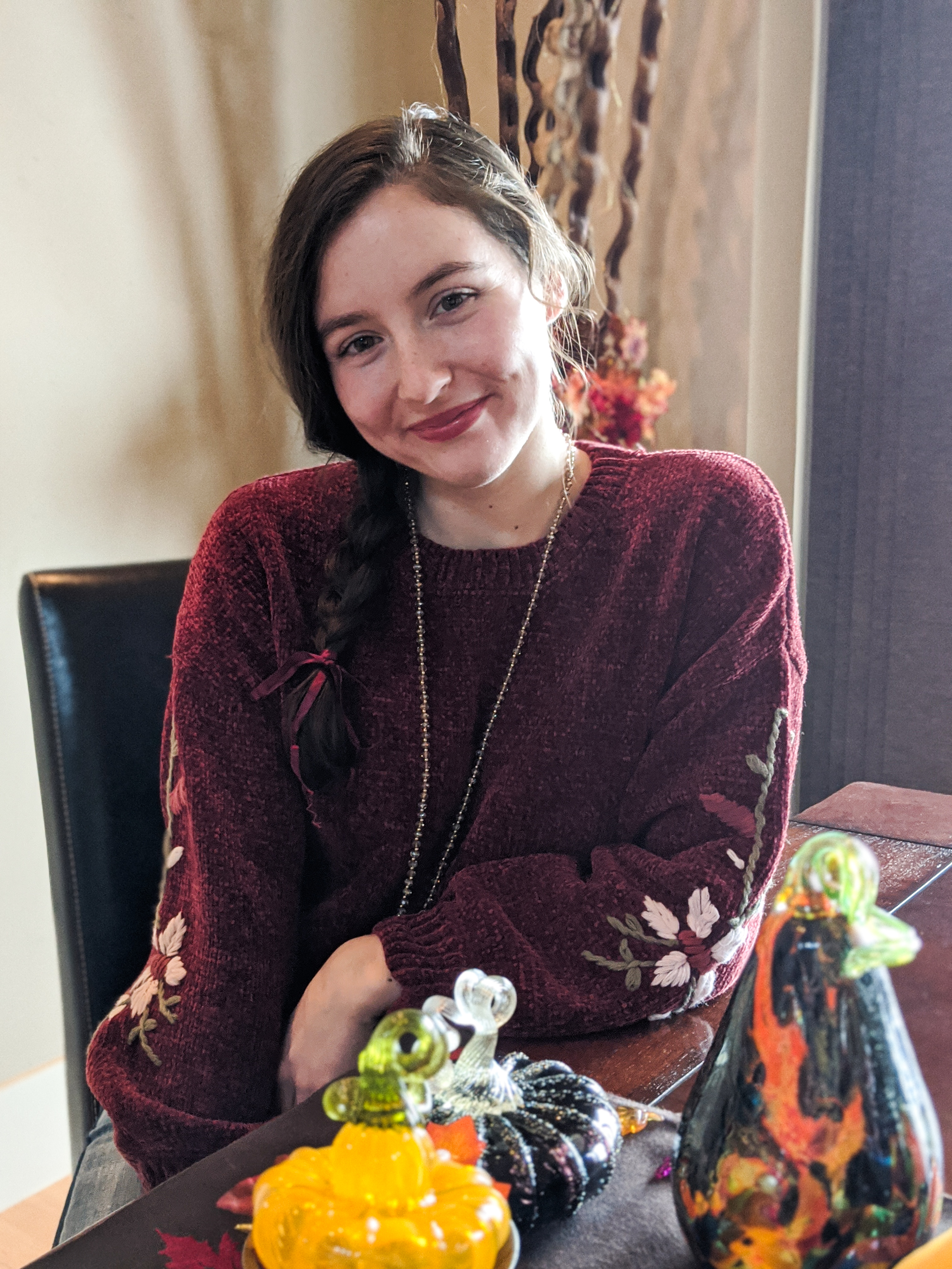 Thanksgiving outfit, glass pumpkin centerpiece