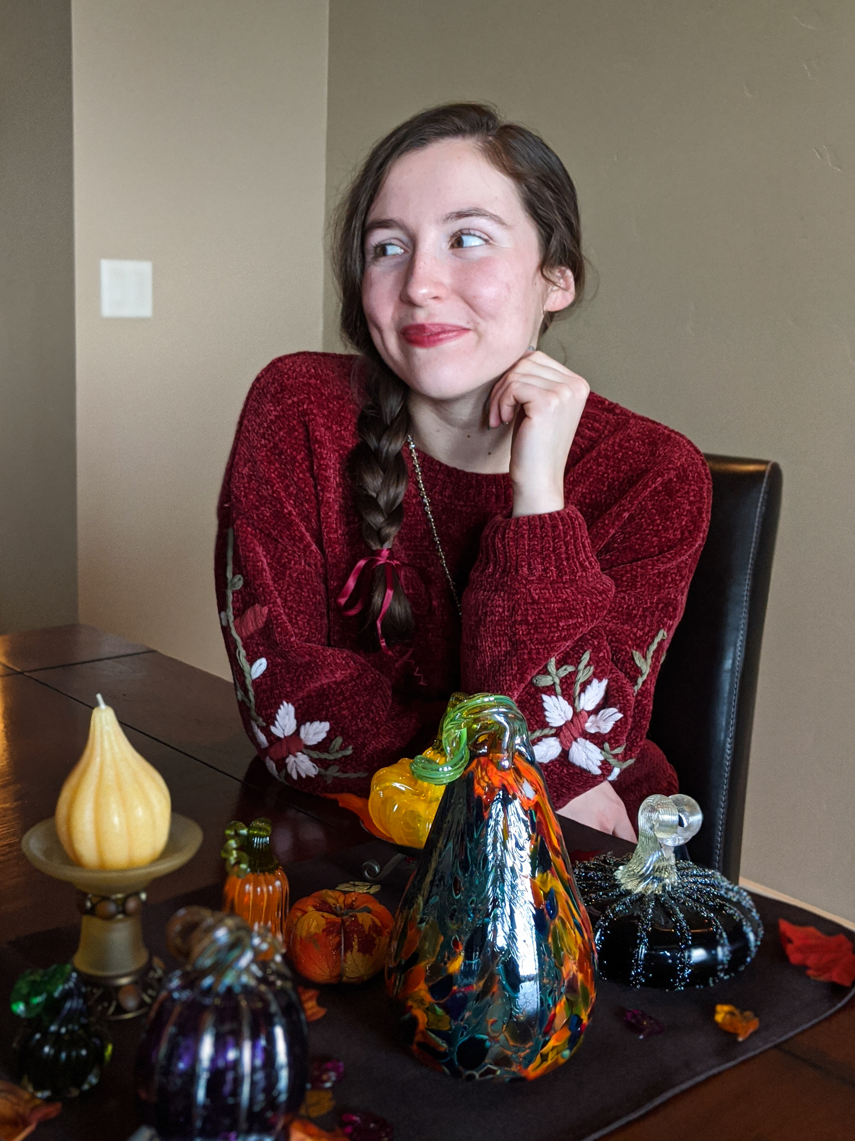 glass pumpkins, burgundy sweater, embroidered sweater
