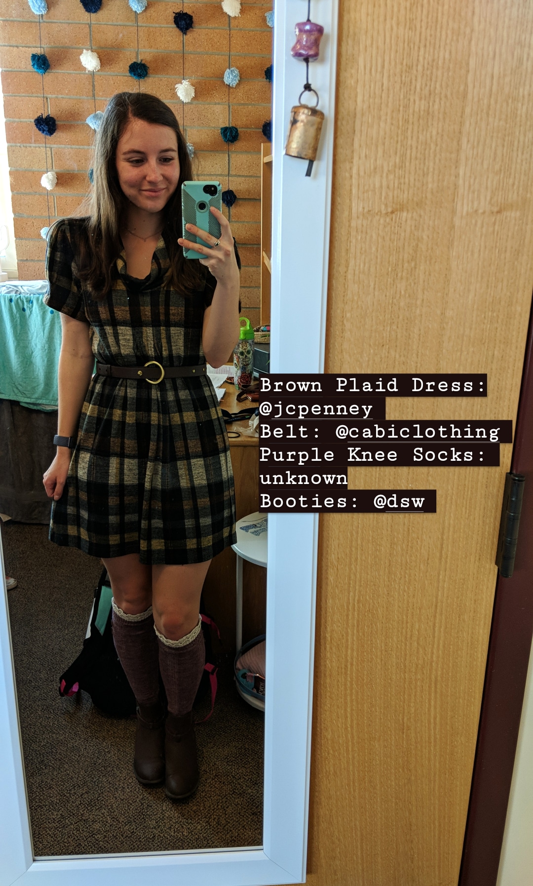 brown patterned dress, JCPenney, Cabi Clothing, knee socks, fall outfit