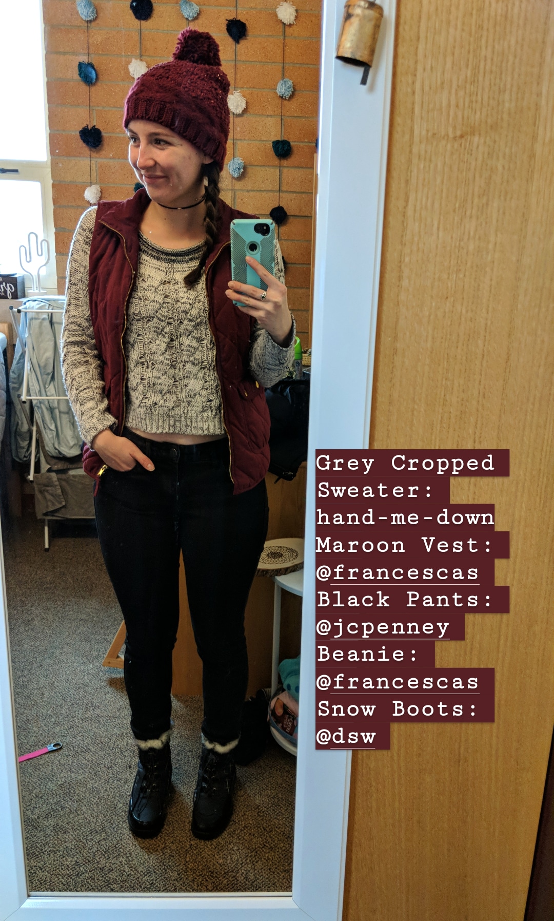 winter outfit, cozy outfit, sweater weather, burgundy beanie, quilted vest