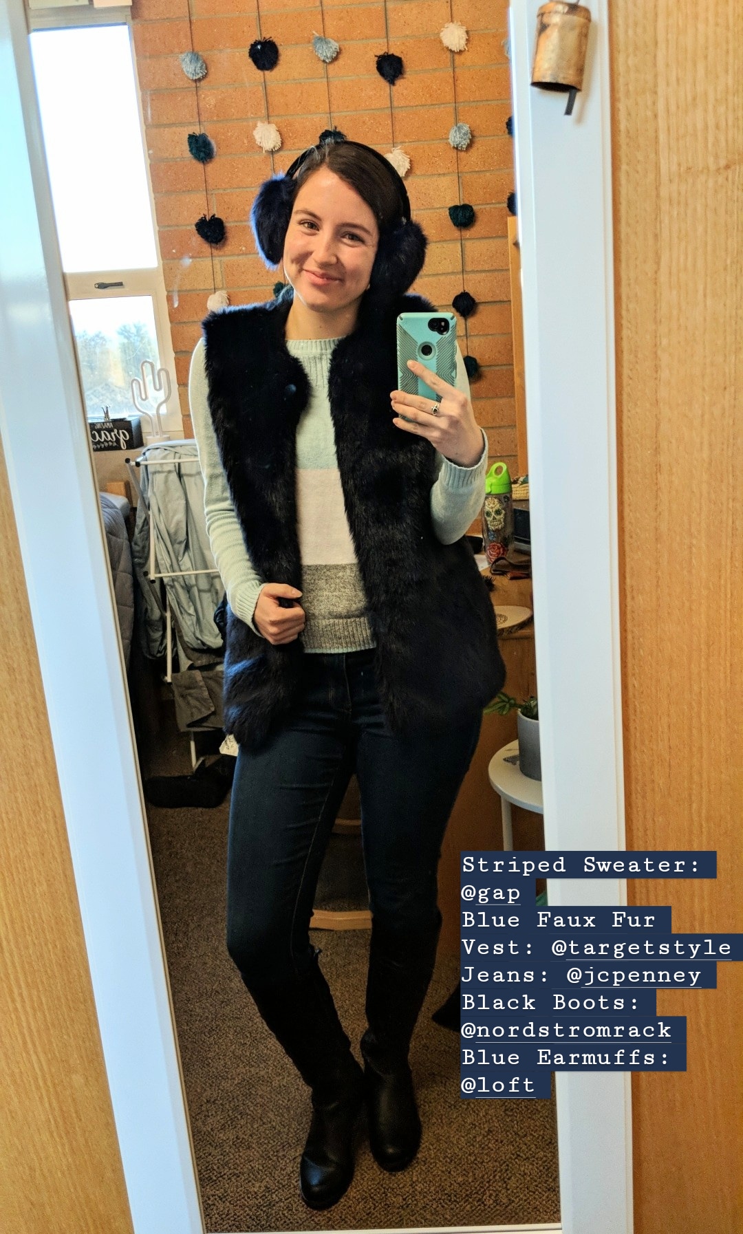 earmuffs, Loft, winter outfit, fur vest, fall outfit