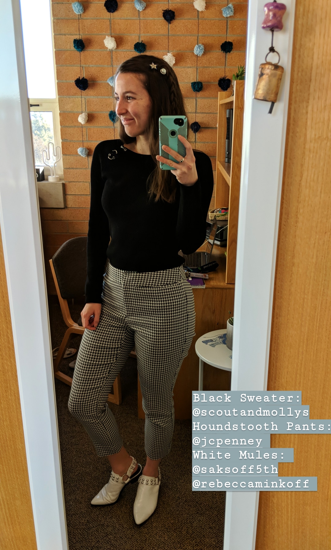 chic outfit, work outfit, patterned pants, sweater weather, mules