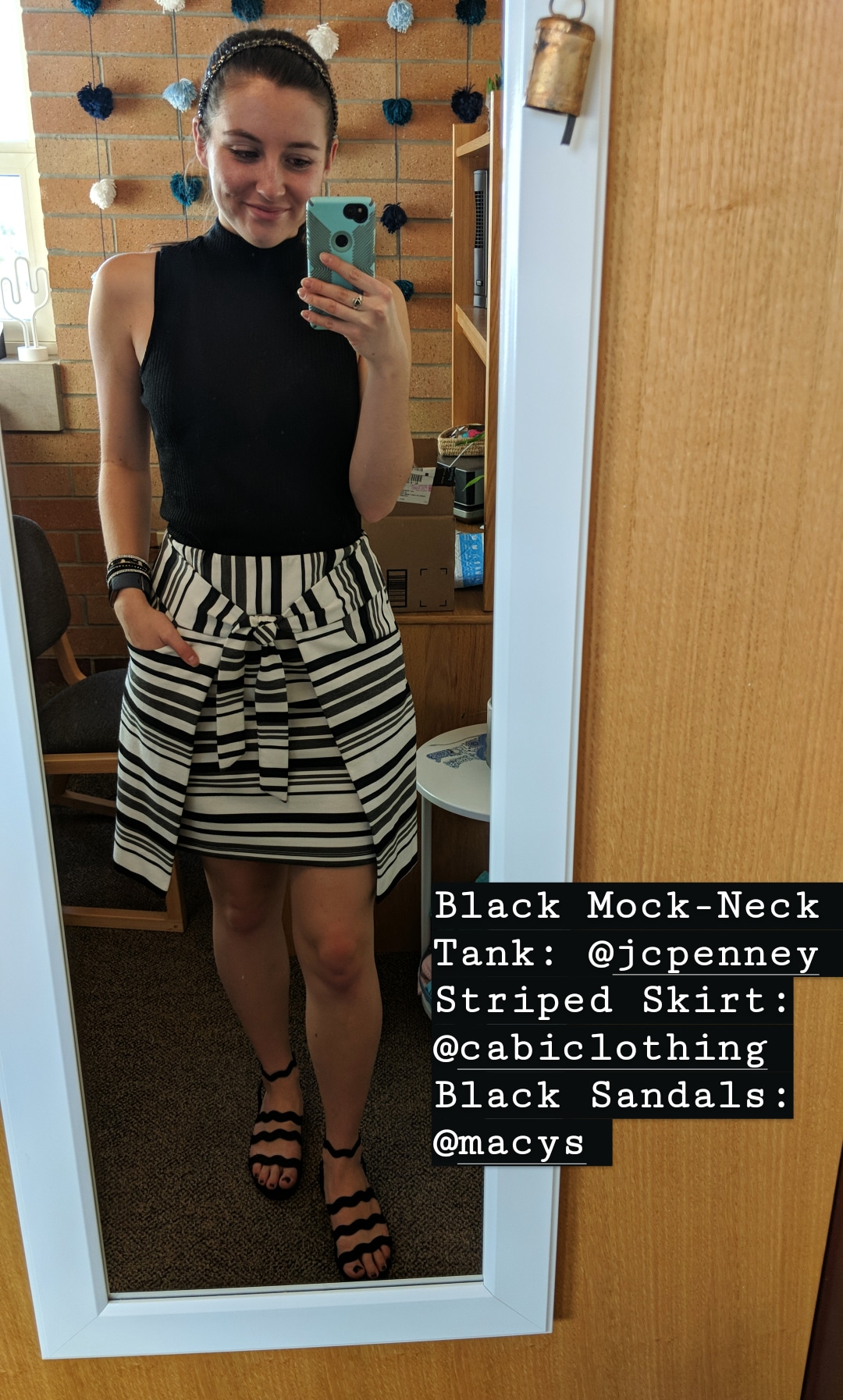 mock-neck top, striped skirt, Cabi clothing, fall outfit
