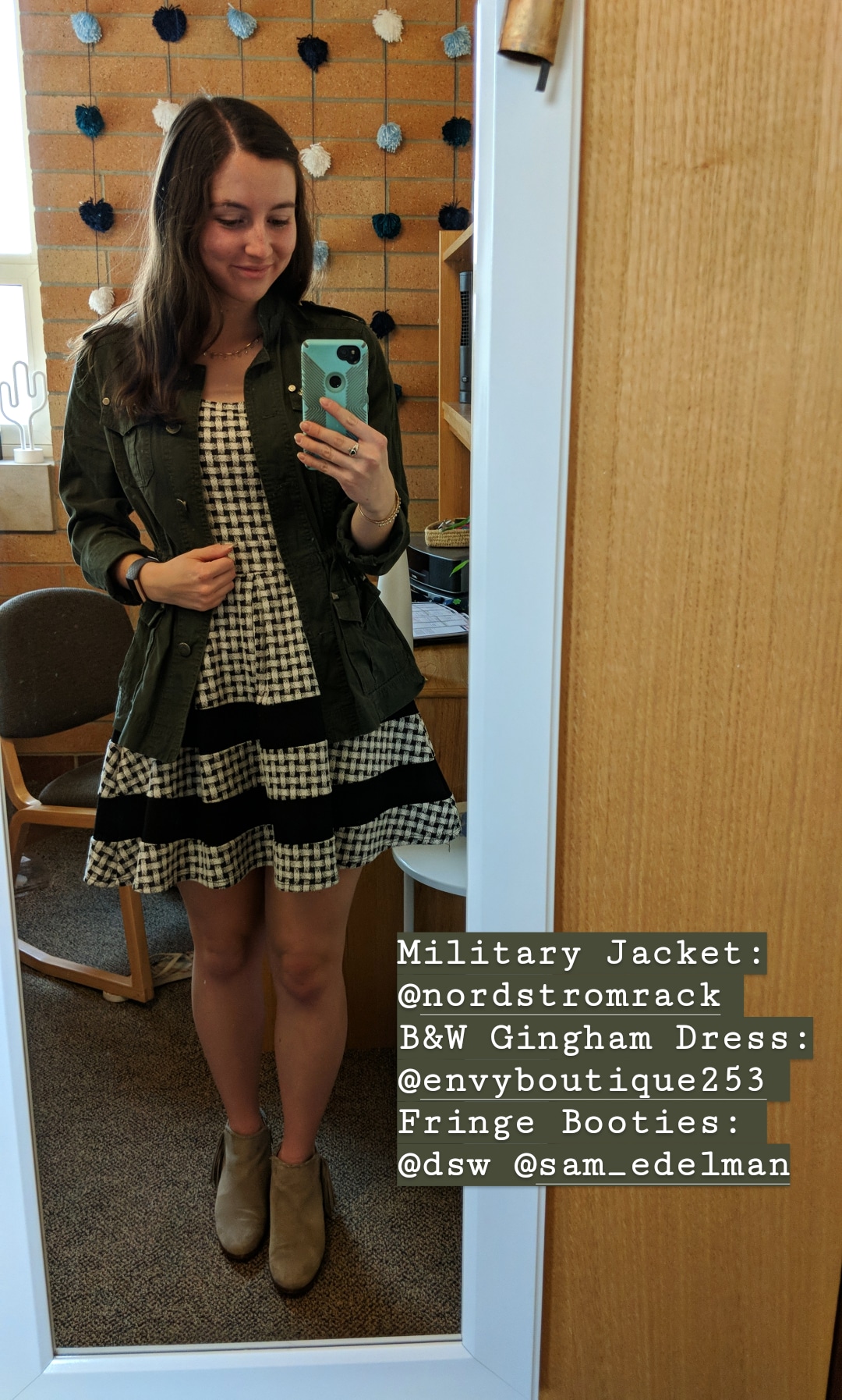 fall outfit, patterned dress, military jacket, fringe booties