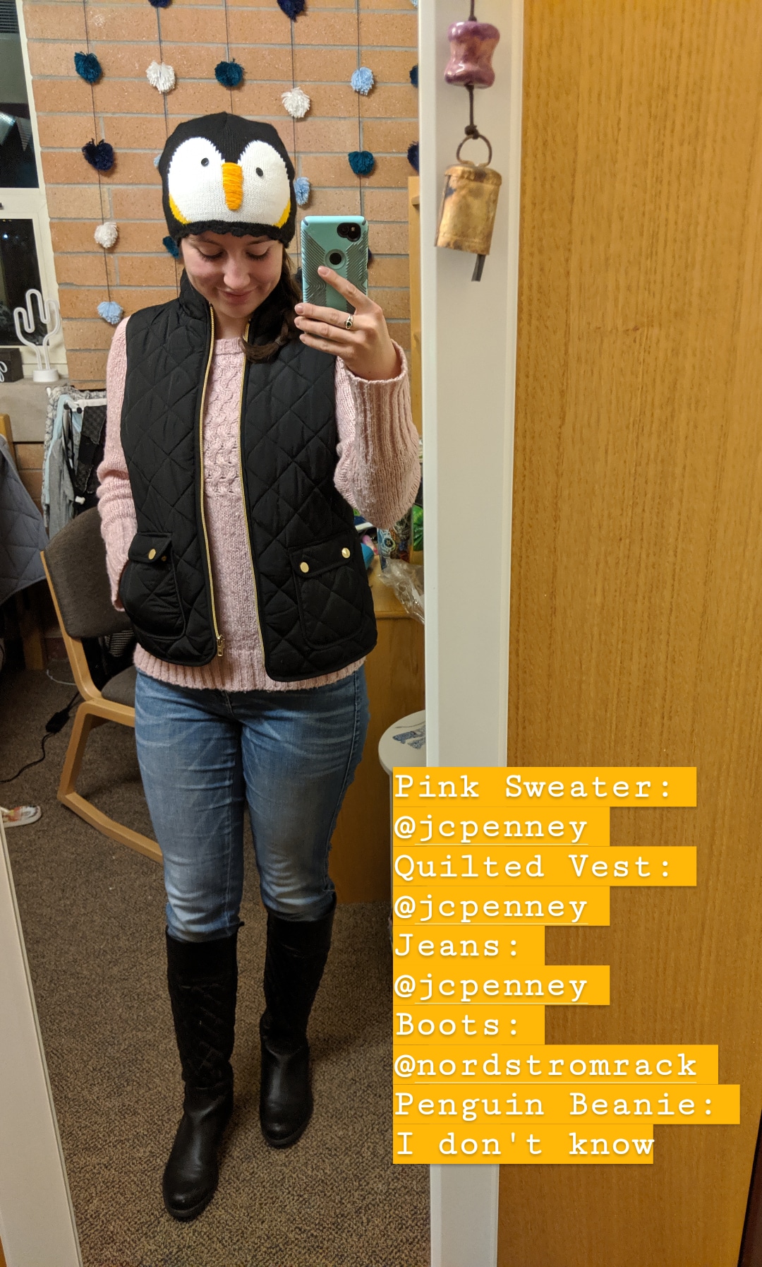 penguin beanie, quilted vest, sweater weather, fall outfit