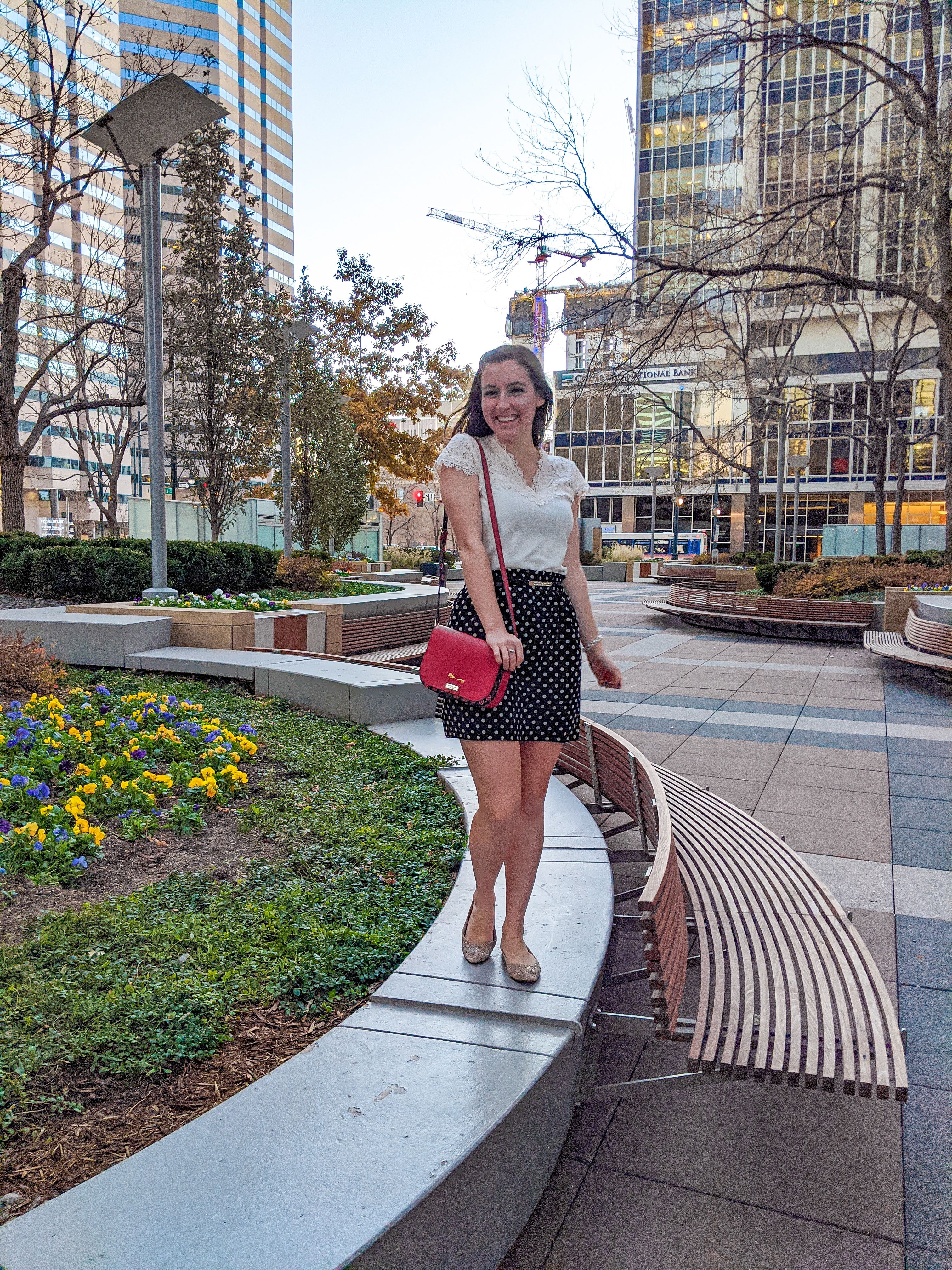 lace blouse, polka dot skirt, red purse, Denver fashion blogger