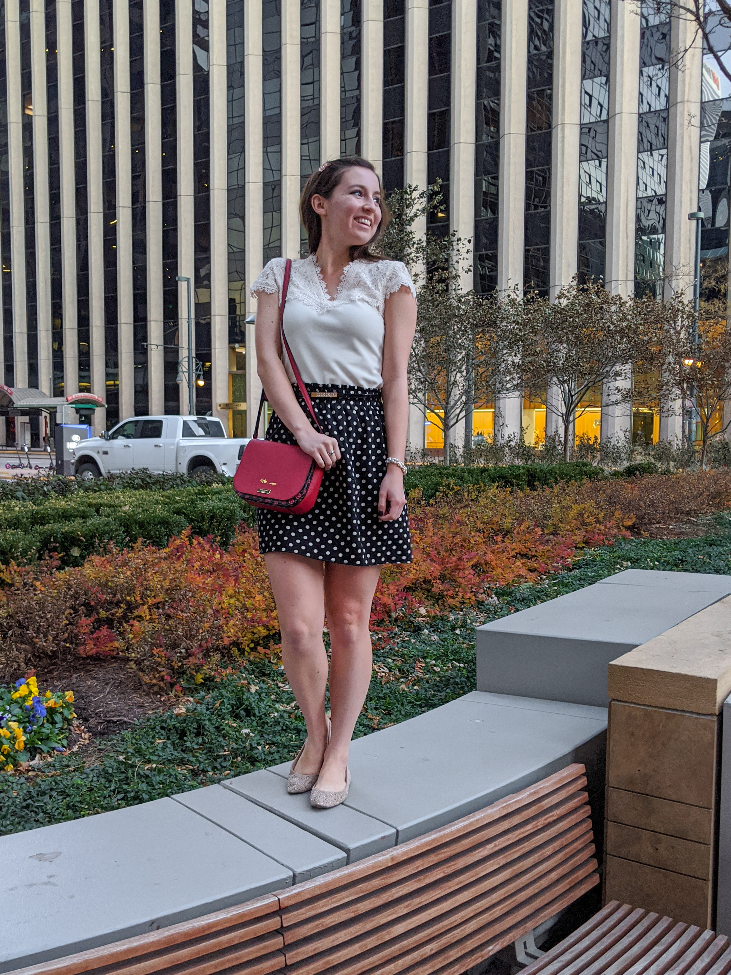 red purse, Kate Spade, polka dot skirt