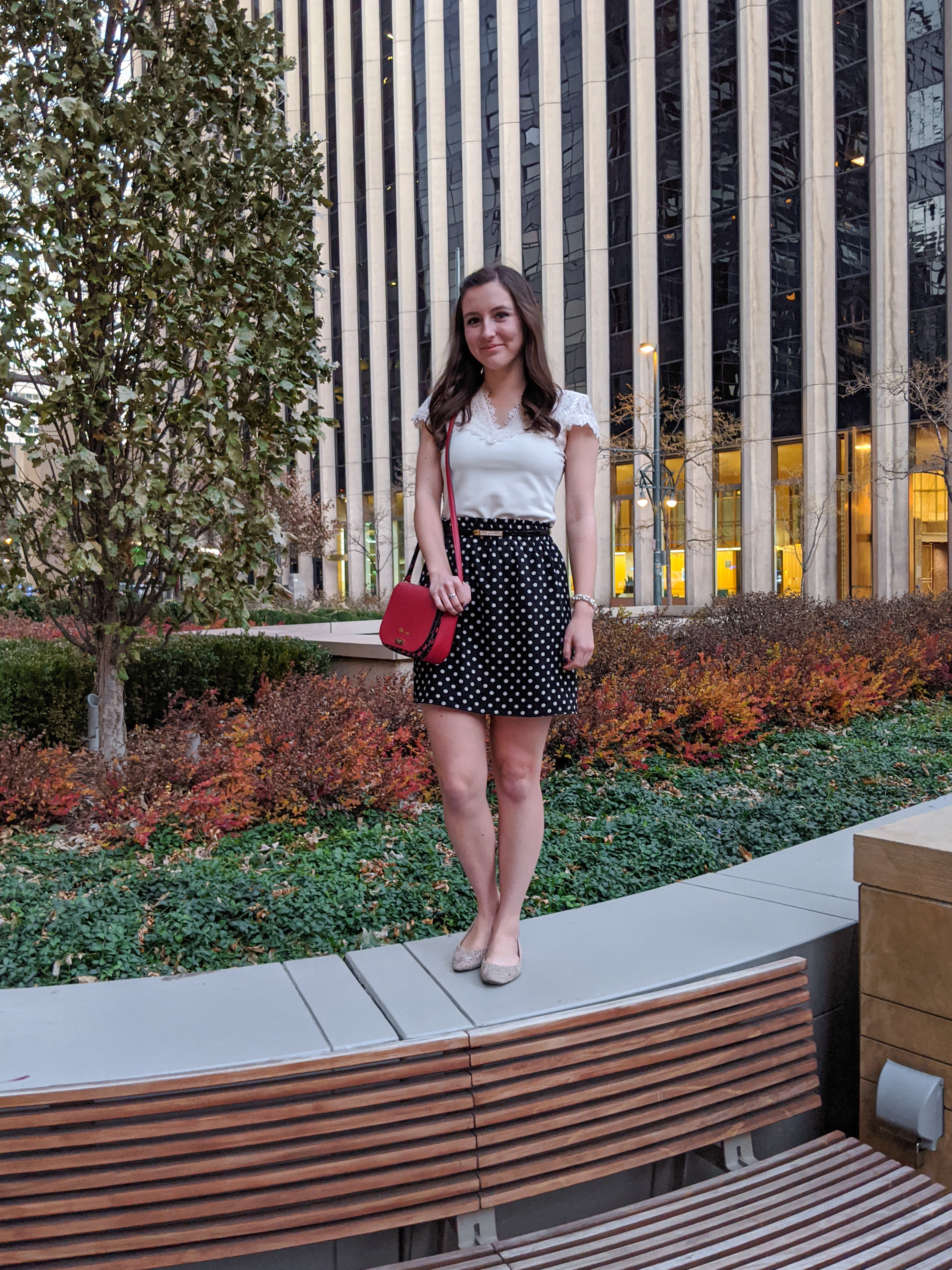 lace blouse, H&M, polka dot skirt, sparkly flats