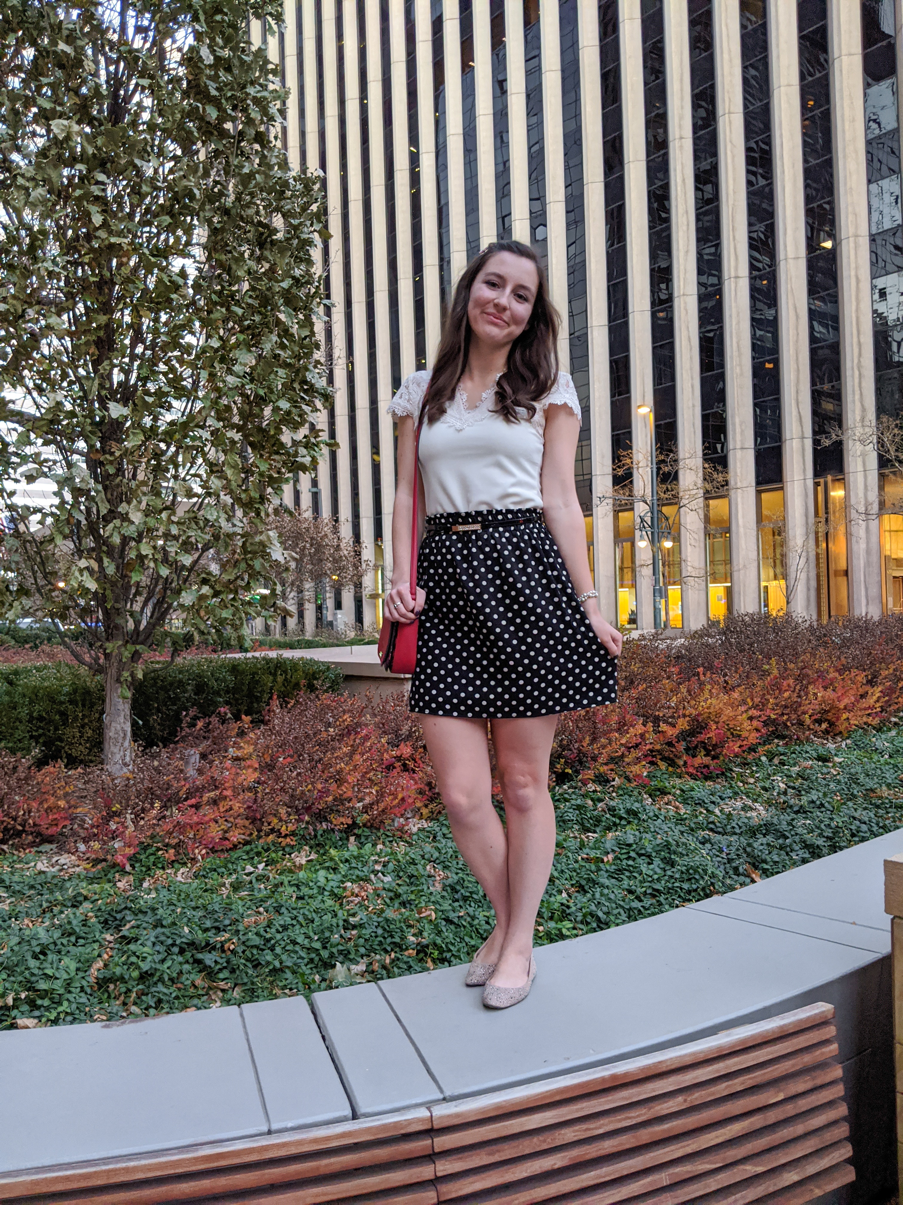 lace blouse, polka dot skirt, sparkly shoes