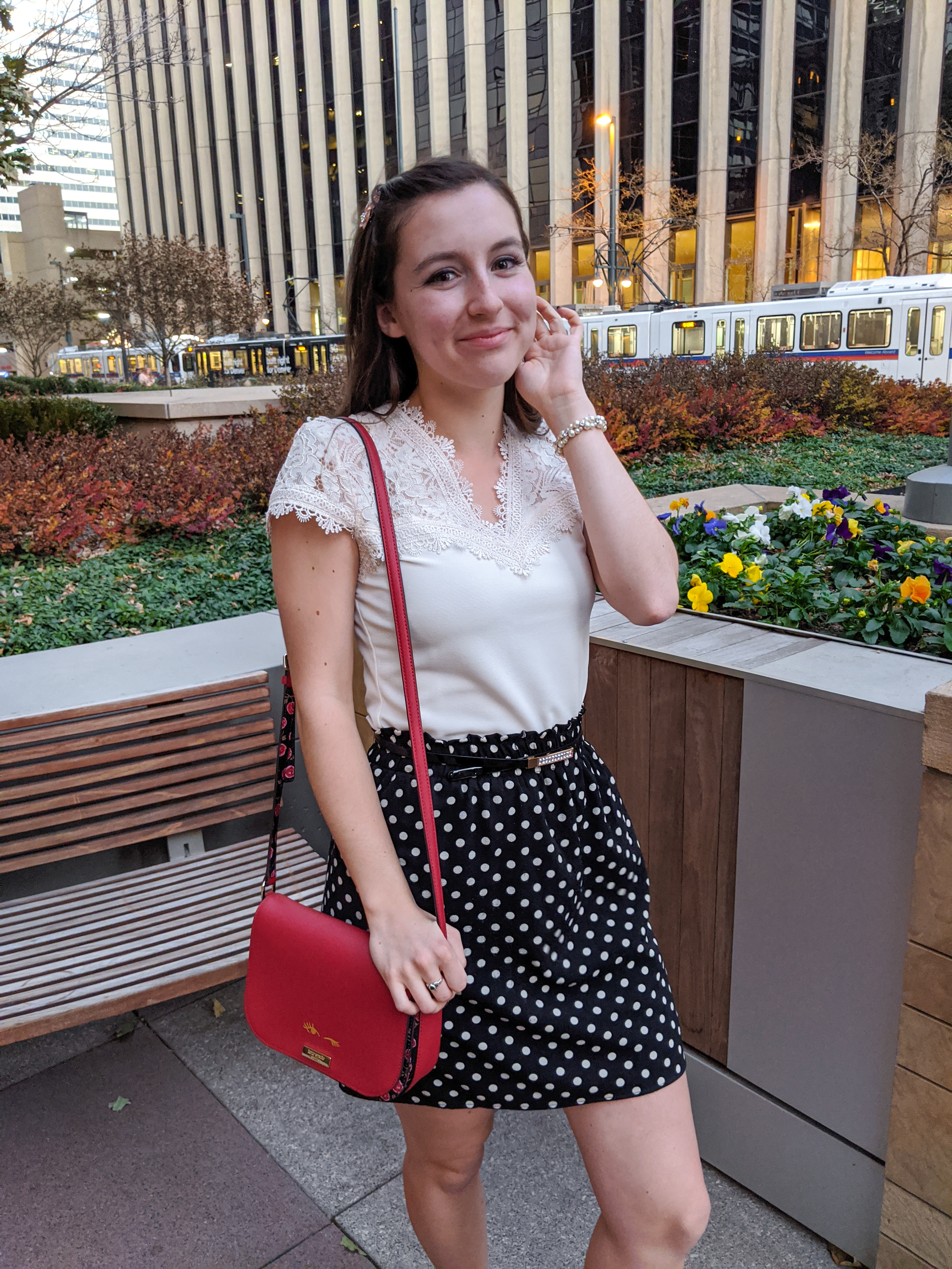 lace blouse, birthday outfit, red purse