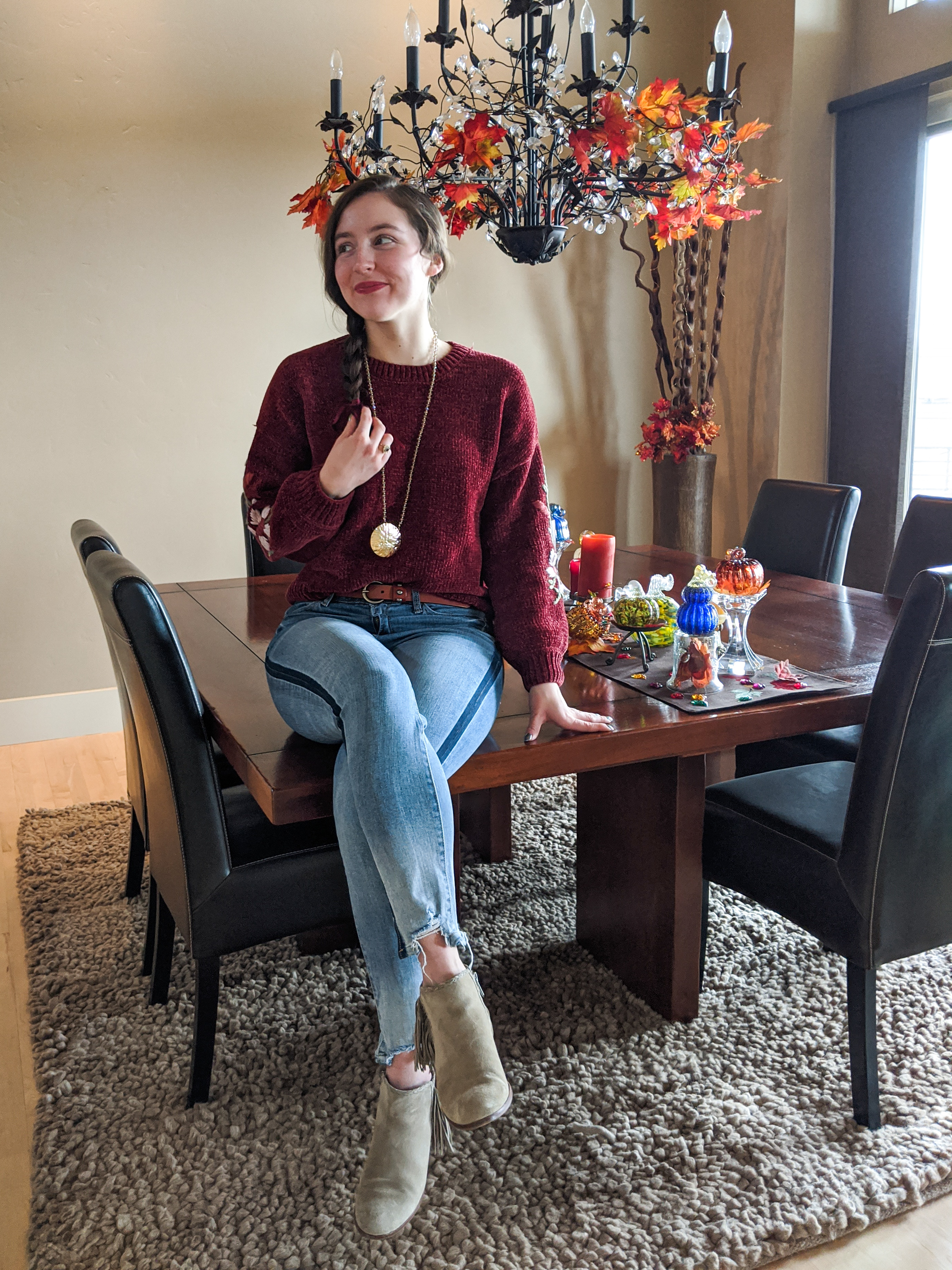 fall outfit, burgundy sweater, Francesca's