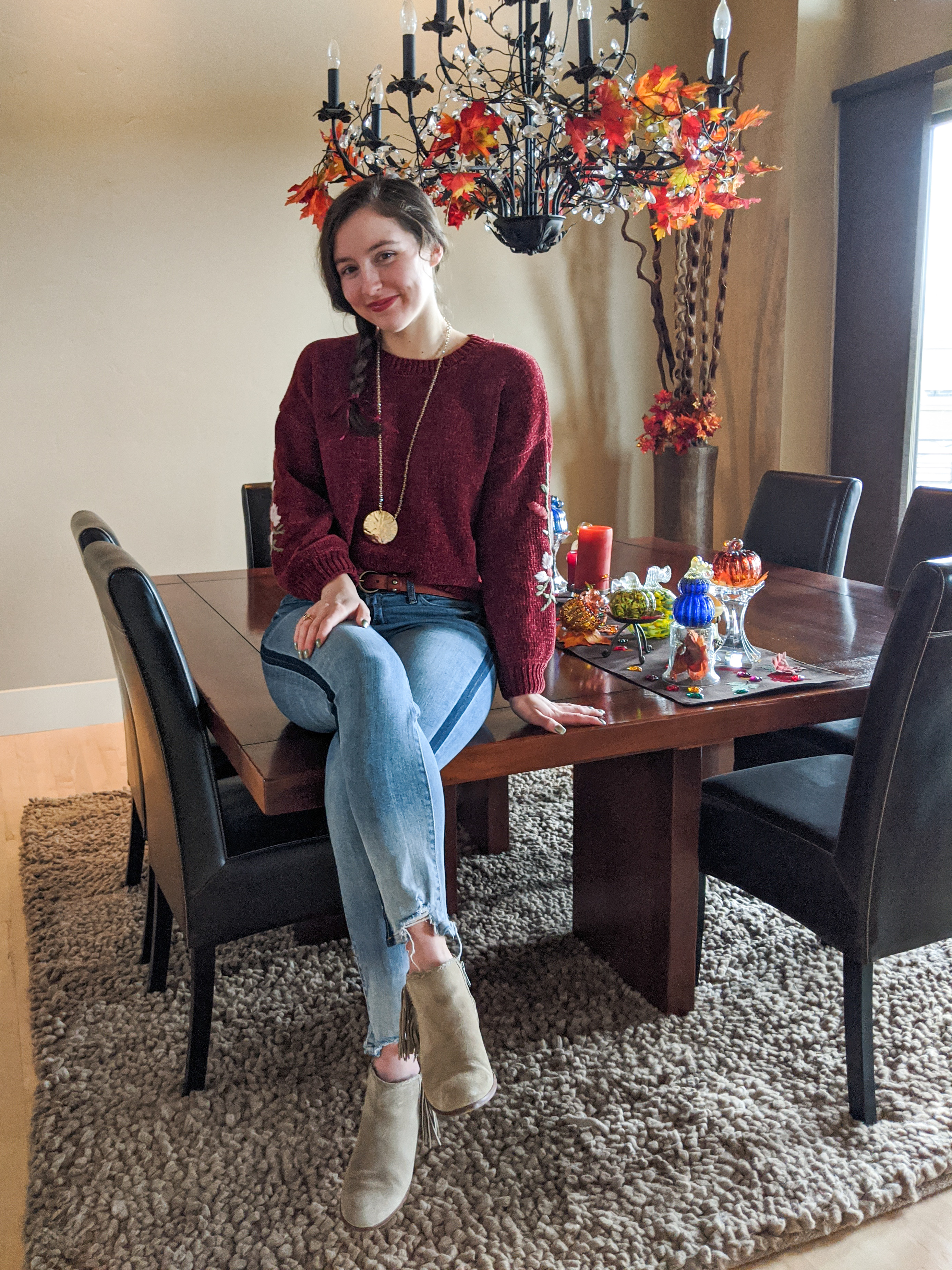 sweater weather, fall fashion, Thanksgiving, tuxedo stripe jeans