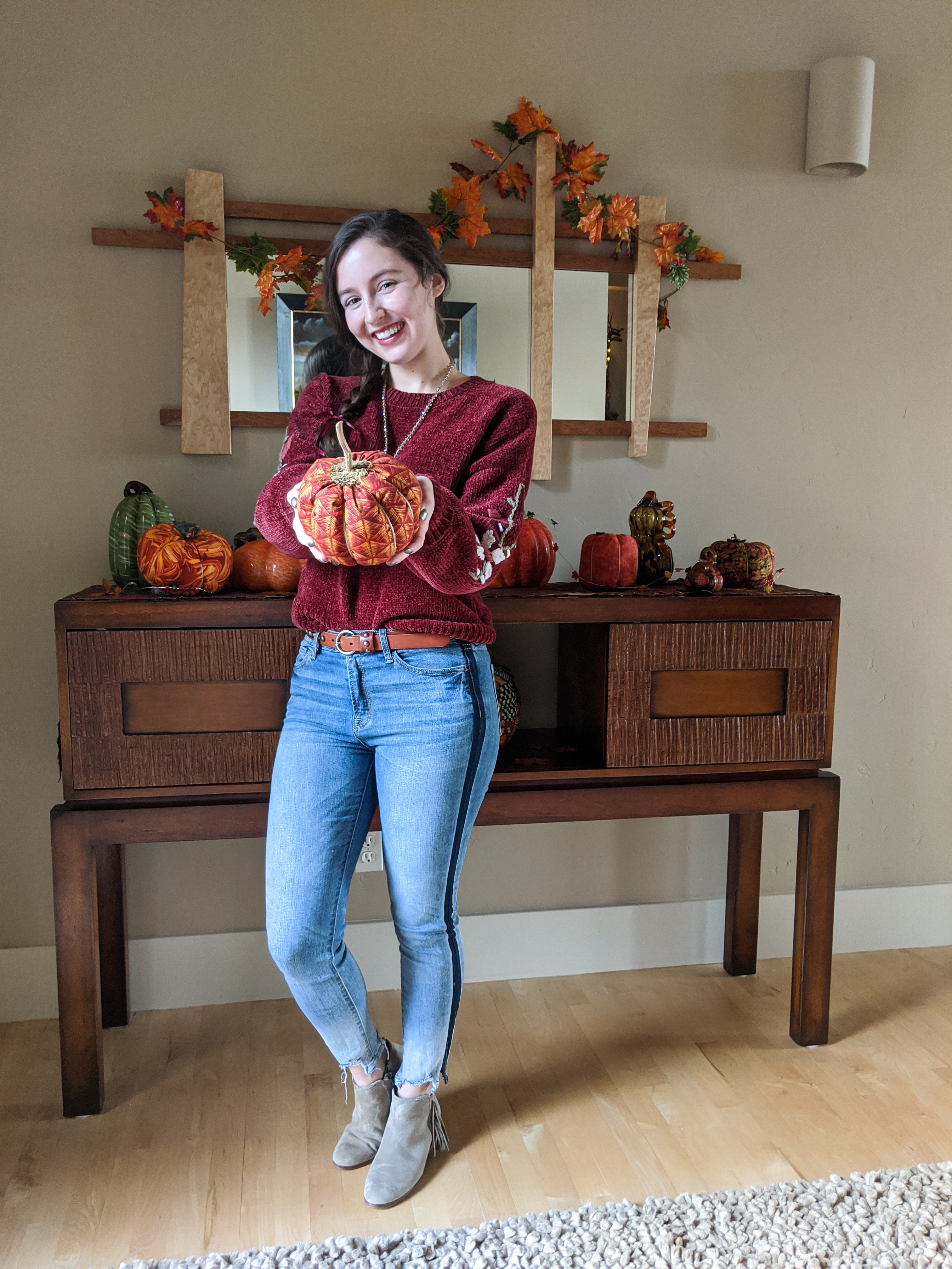 holiday outfit, tuxedo stripe jeans, fringe booties