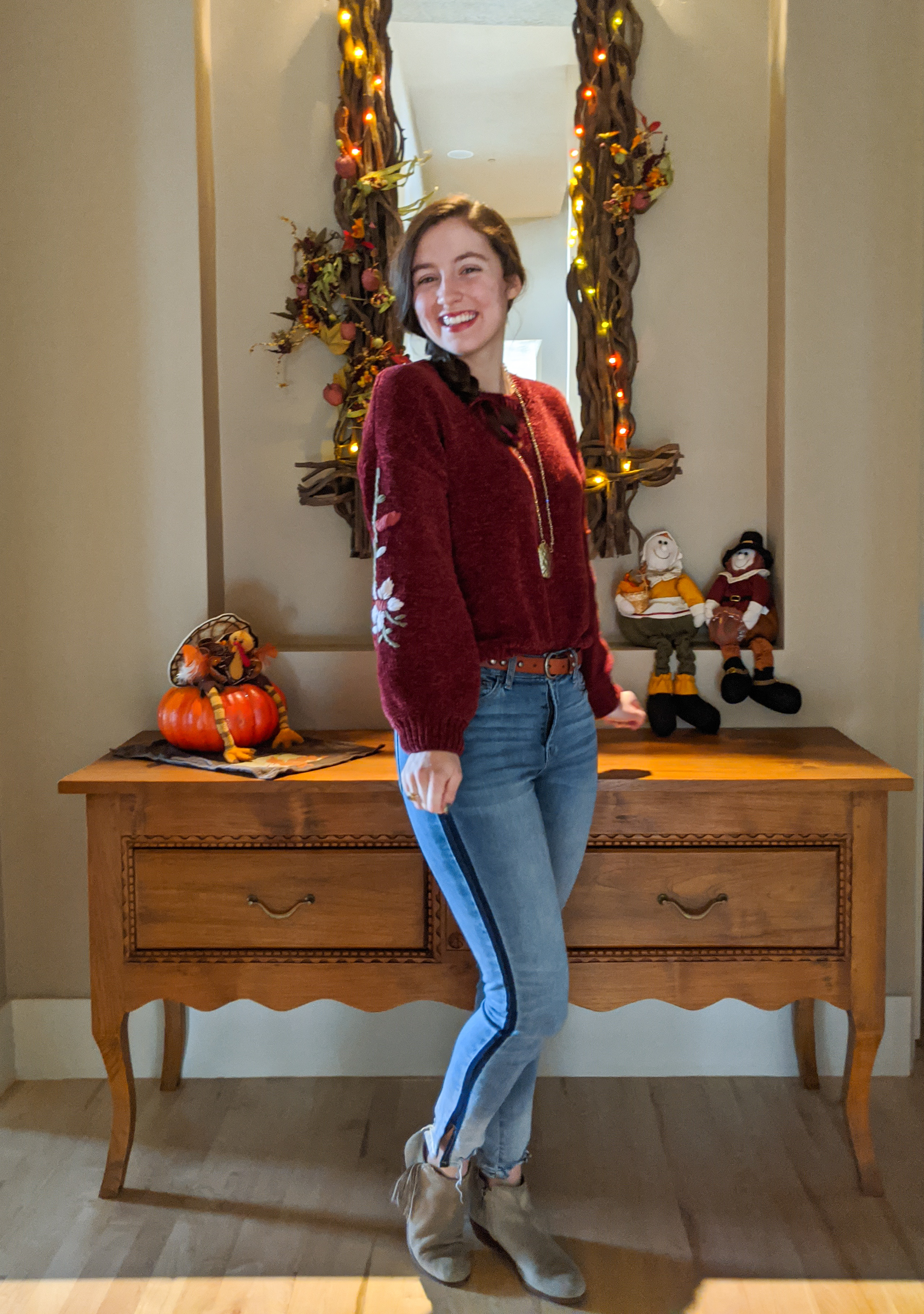 embroidered sweater, Francesca's, fringe booties