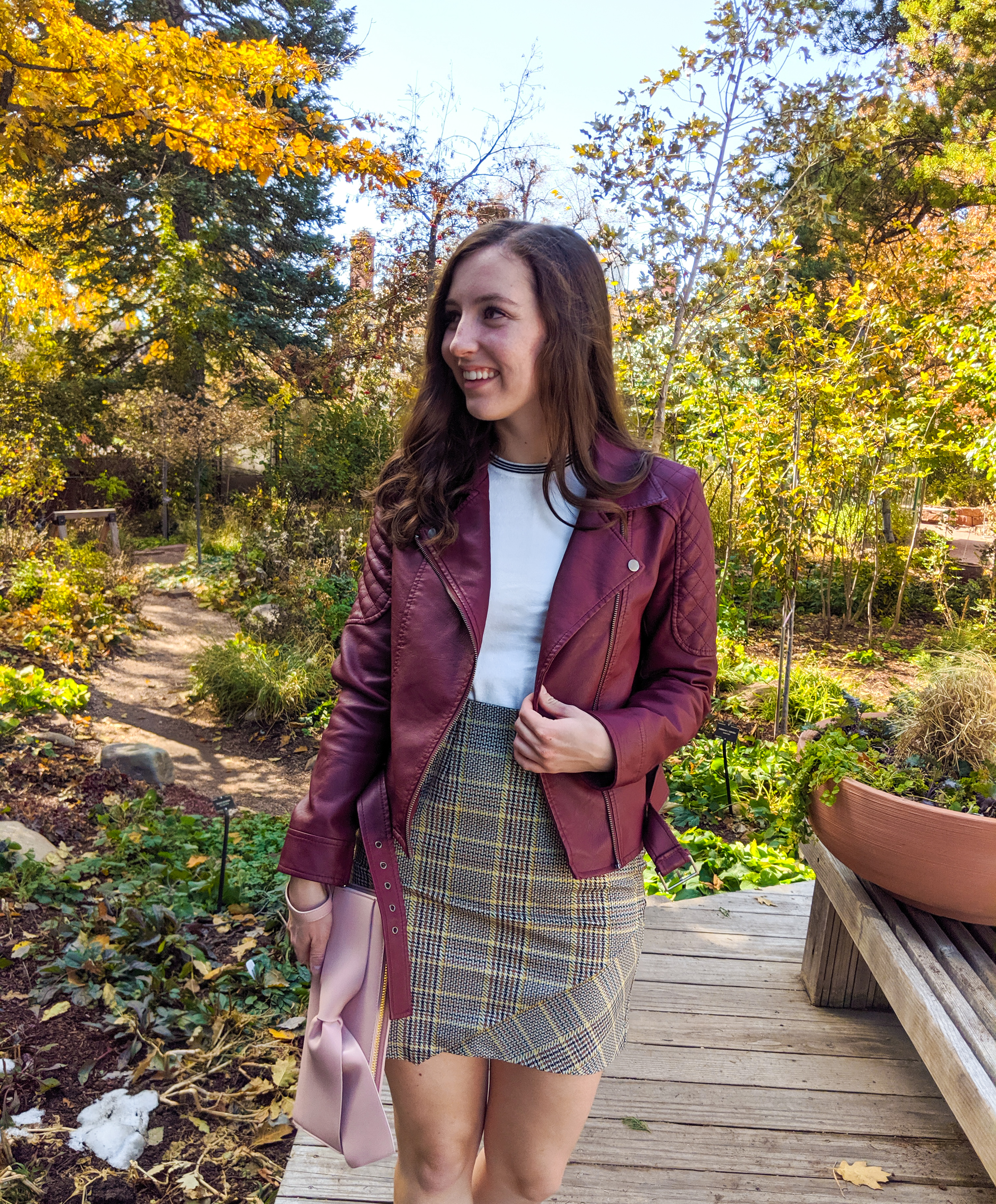 burgundy jacket, white sweater, plaid skirt, preppy outfit