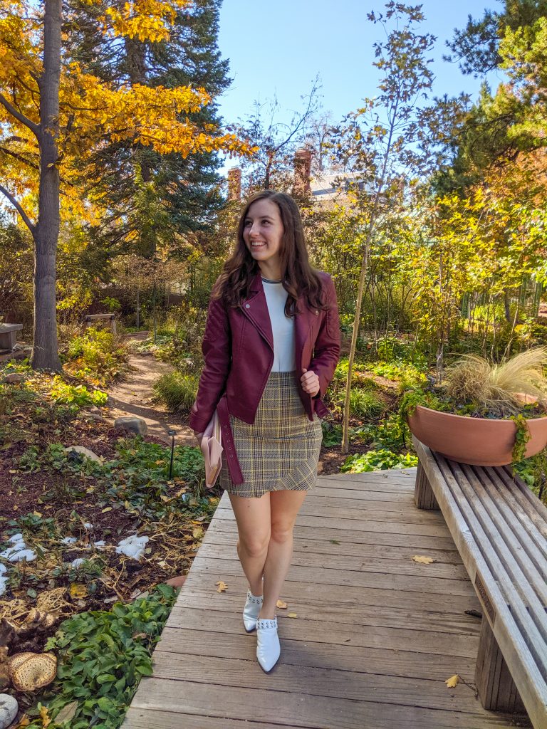 fall outfit, burgundy jacket, plaid skirt, white mules