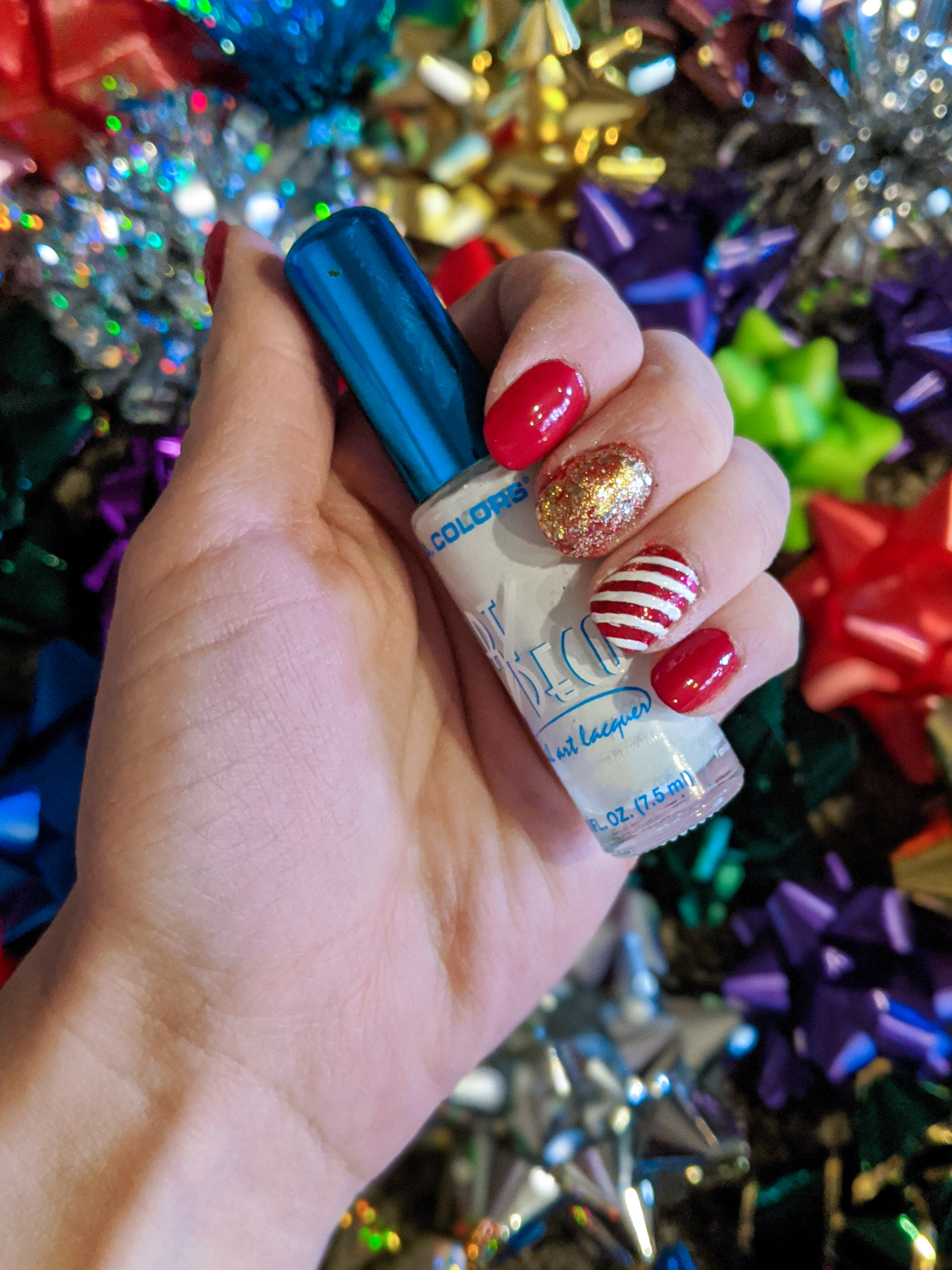 white striped nails, candy cane nails, LA Colors