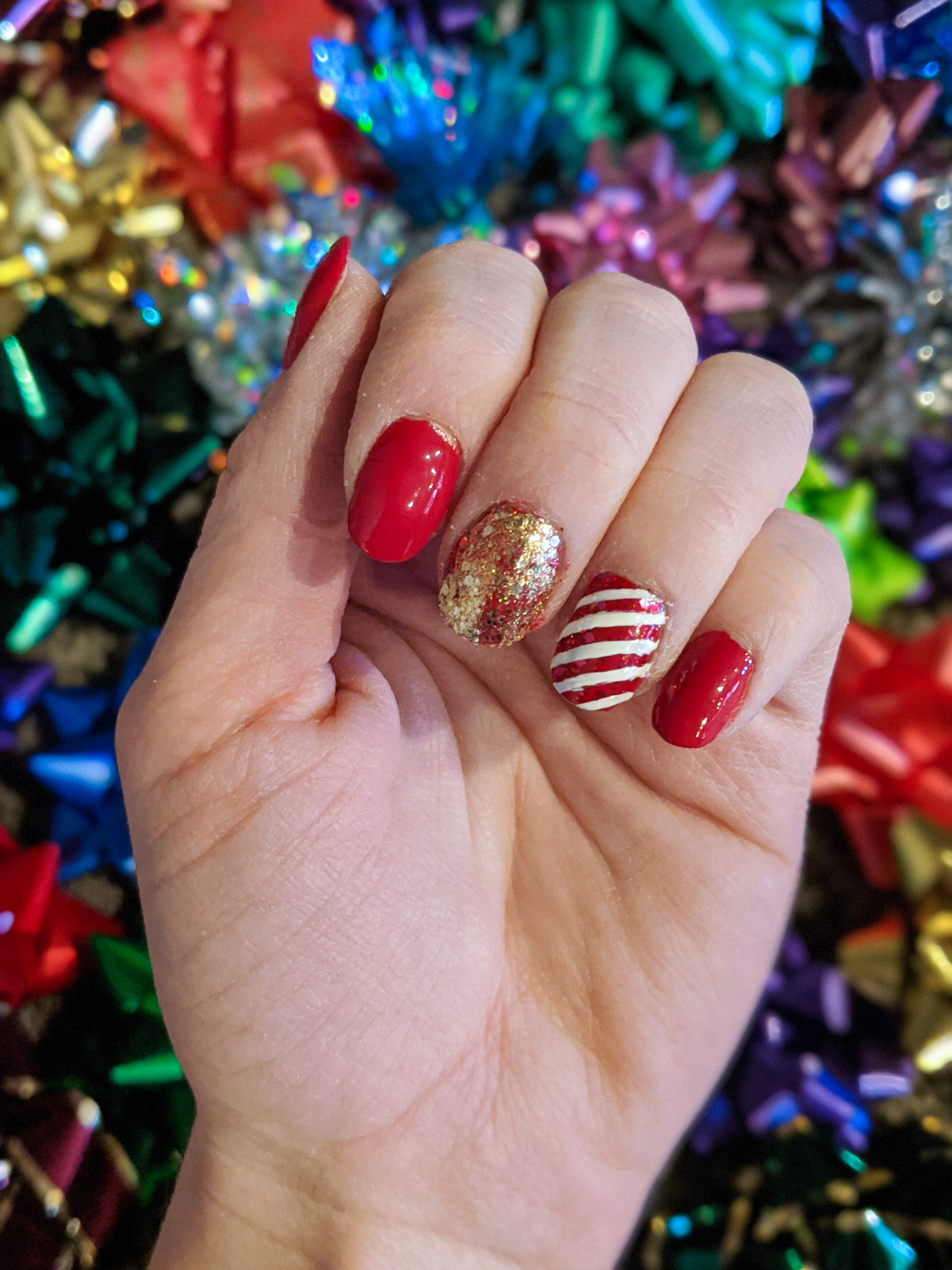 candy cane nails, winter nails, glam Christmas nails