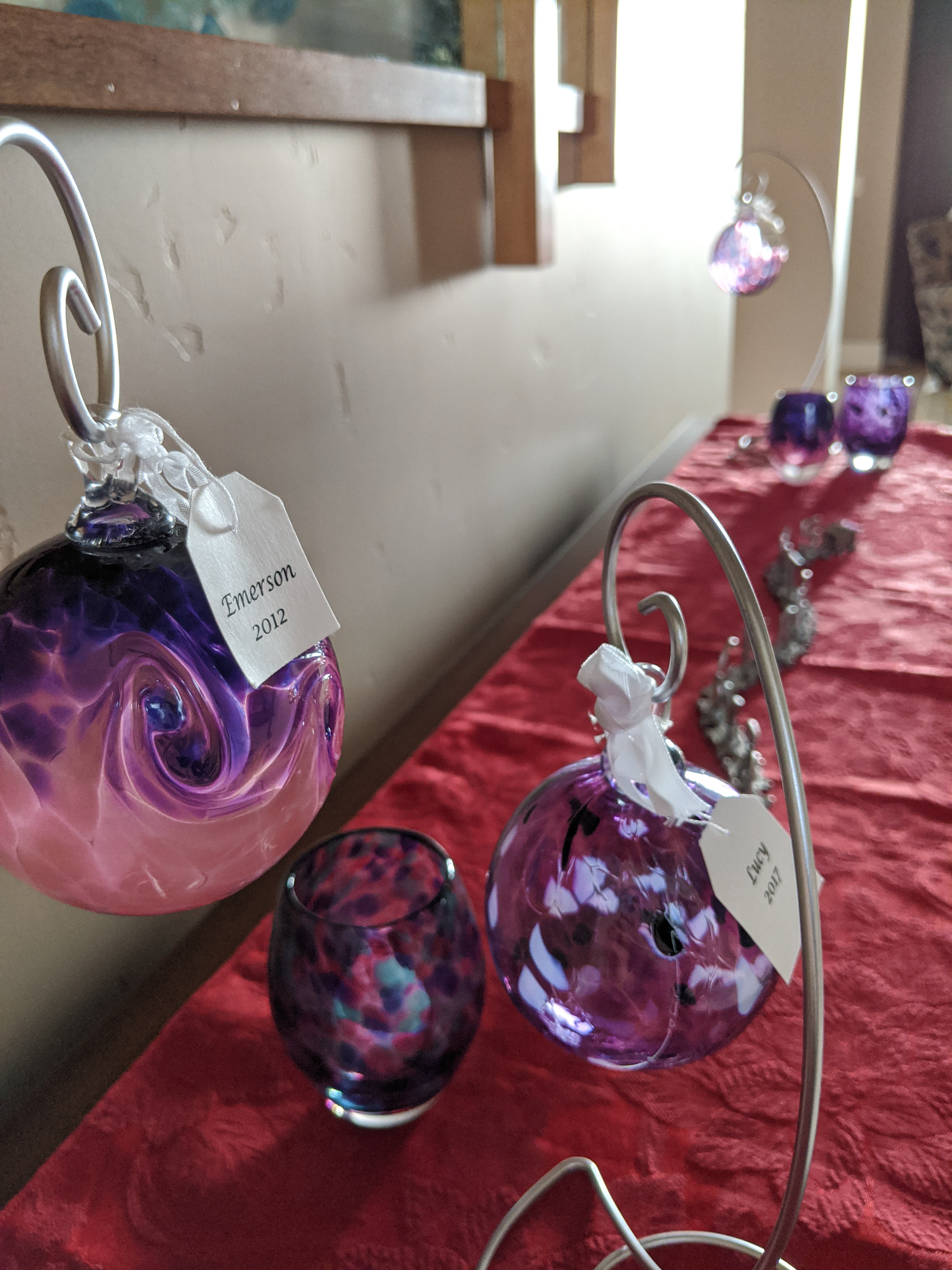 Christmas decorations, purple ornaments, candle votives