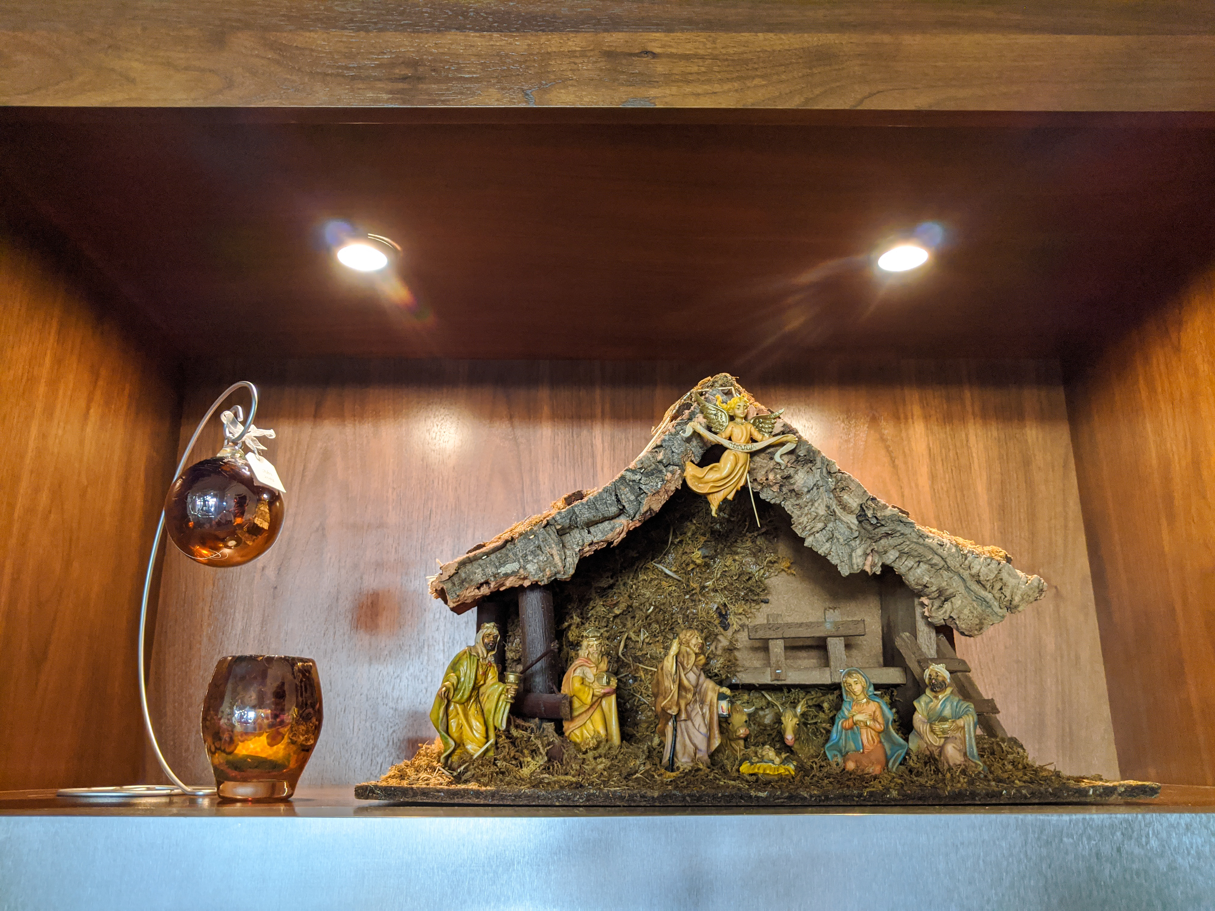 Christmas decorations, glass votives, glass ornaments