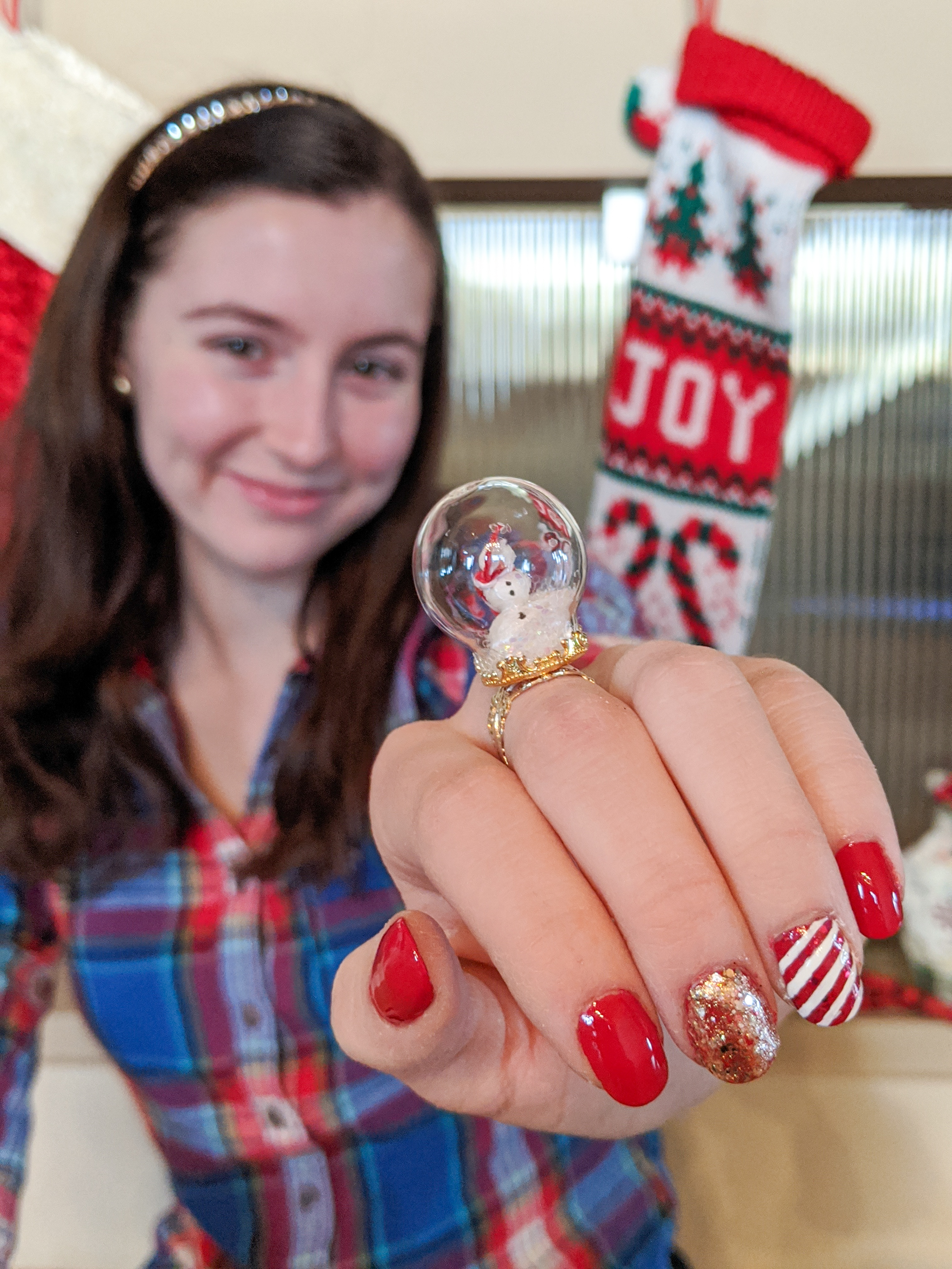 snow globe, snowman ring, candy can nails, winter nails