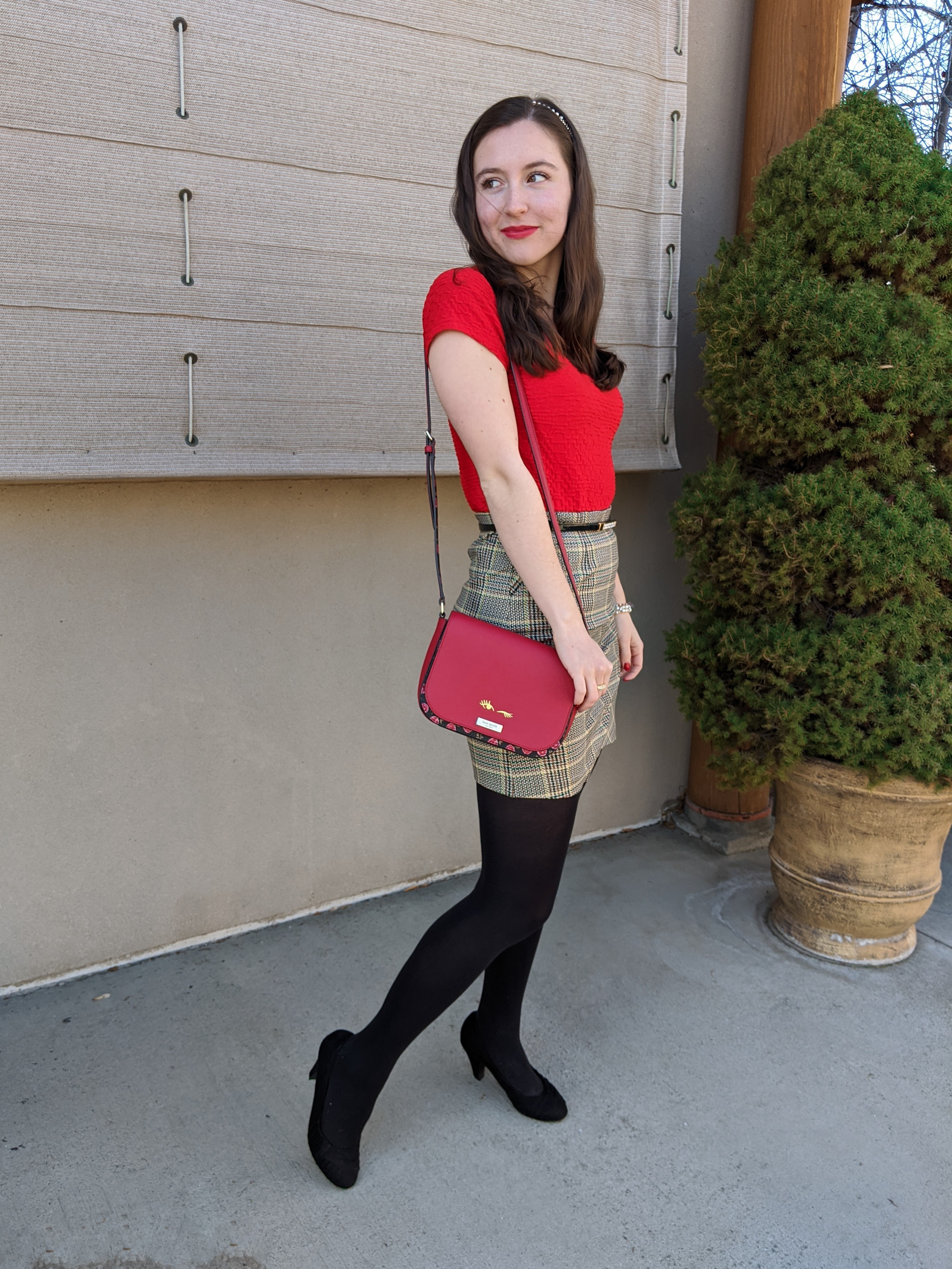 stylish holiday outfit, Cabi clothing, Kate Spade purse