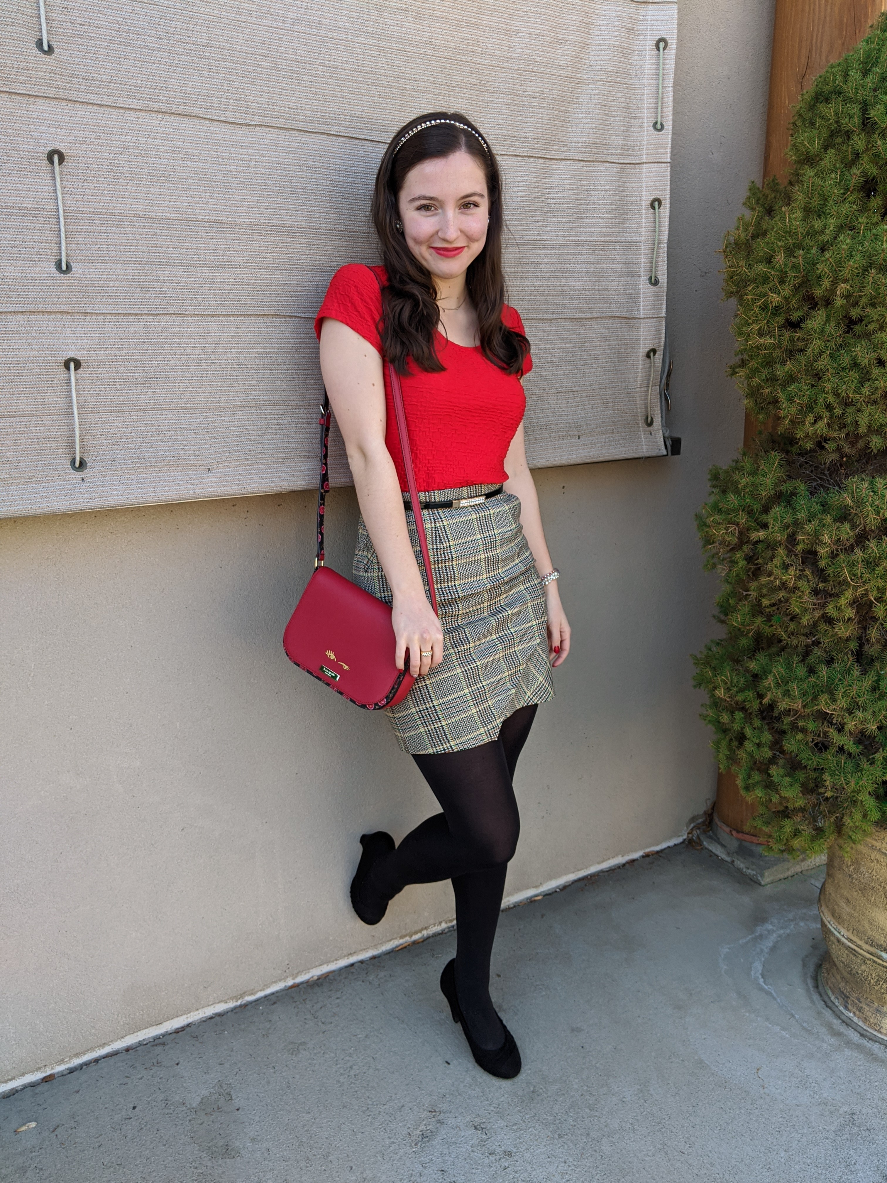 red blouse, Christmas outfit, plaid skirt