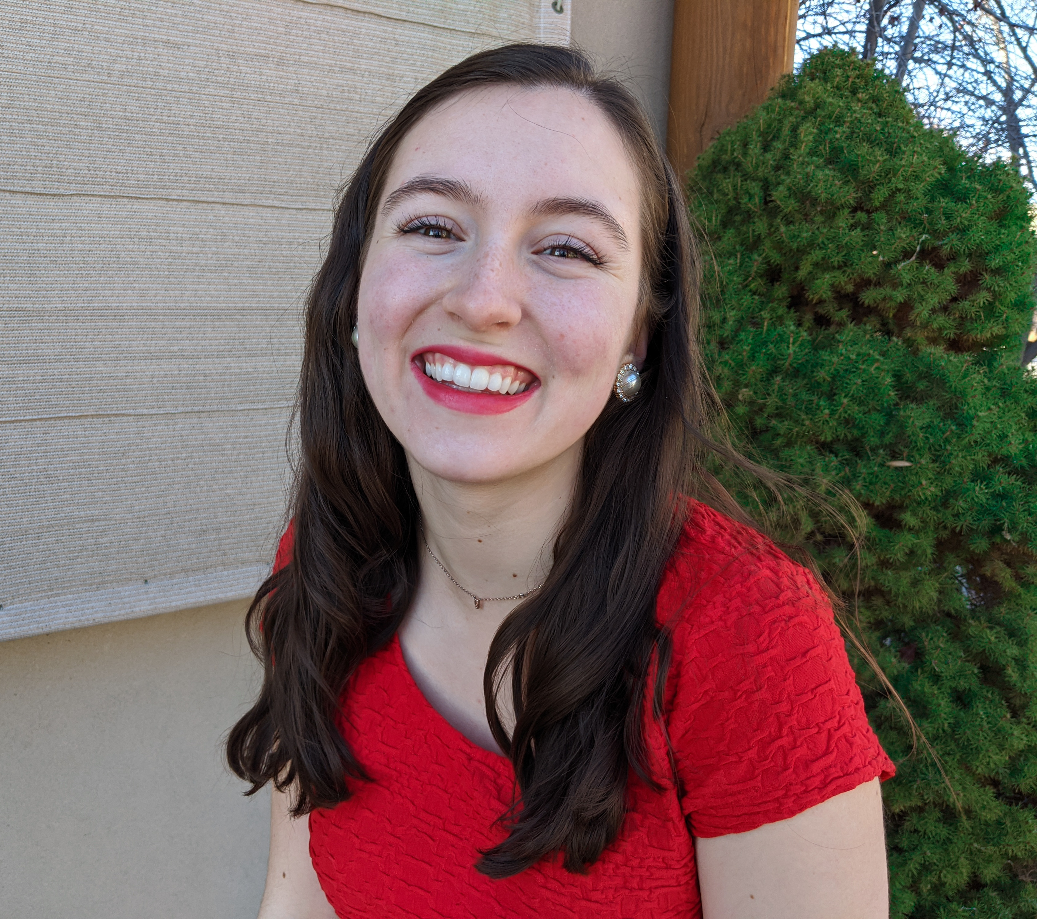 pearl clip on earrings, red blouse, initial necklace