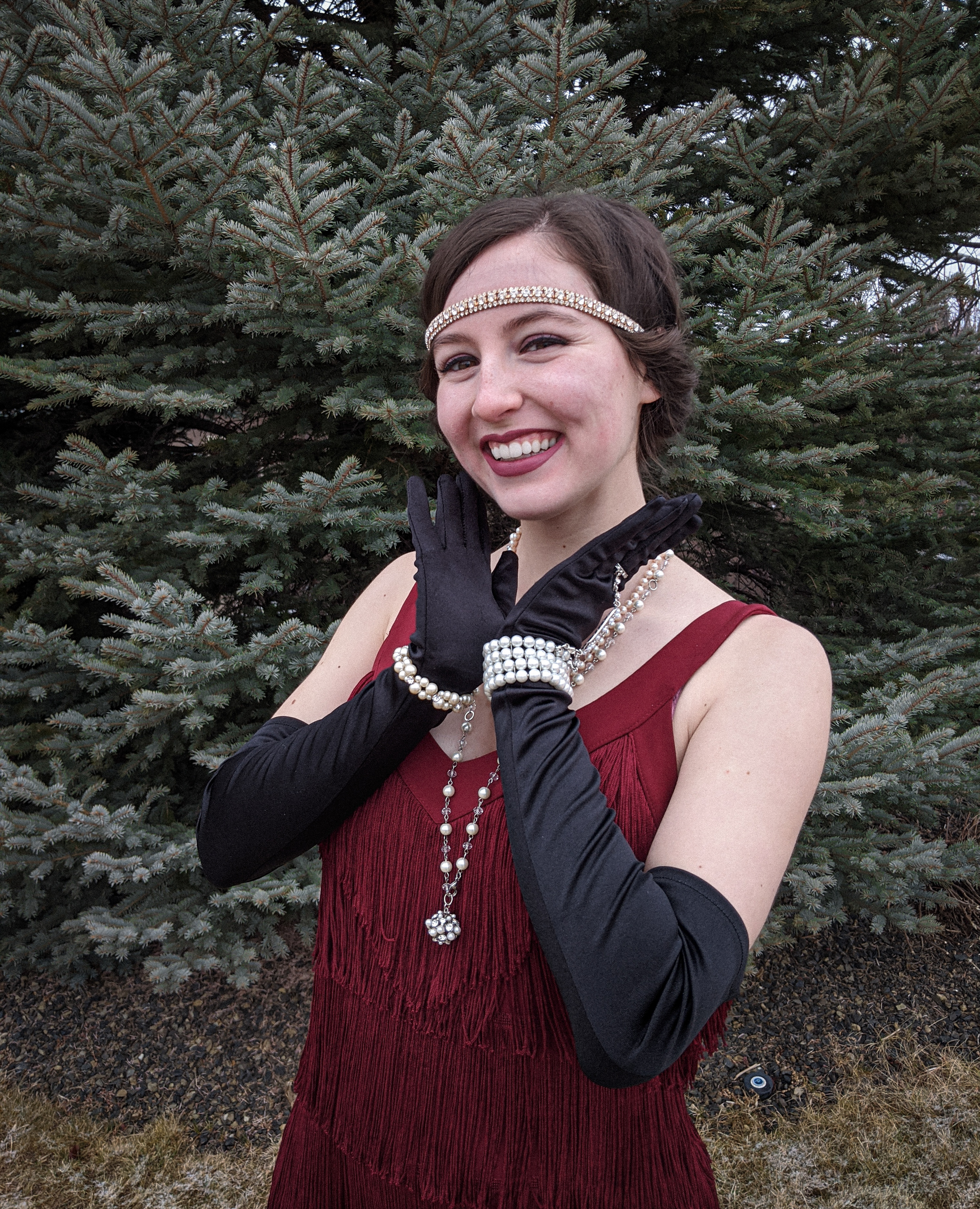 fringe dress, elbow length gloves, flapper style