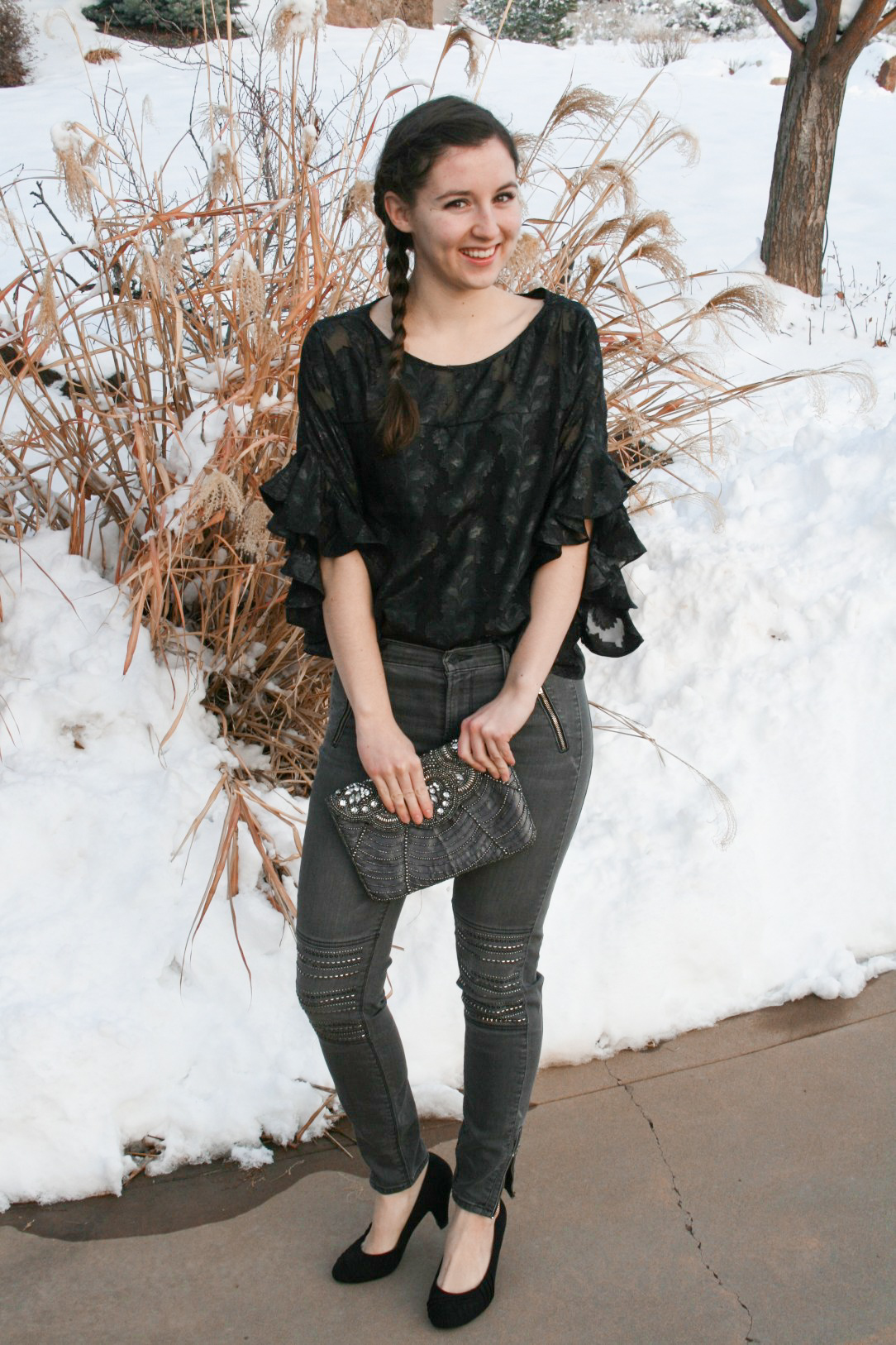 new year's eve outfit, NYE, sparkly blouse, skinny jeans