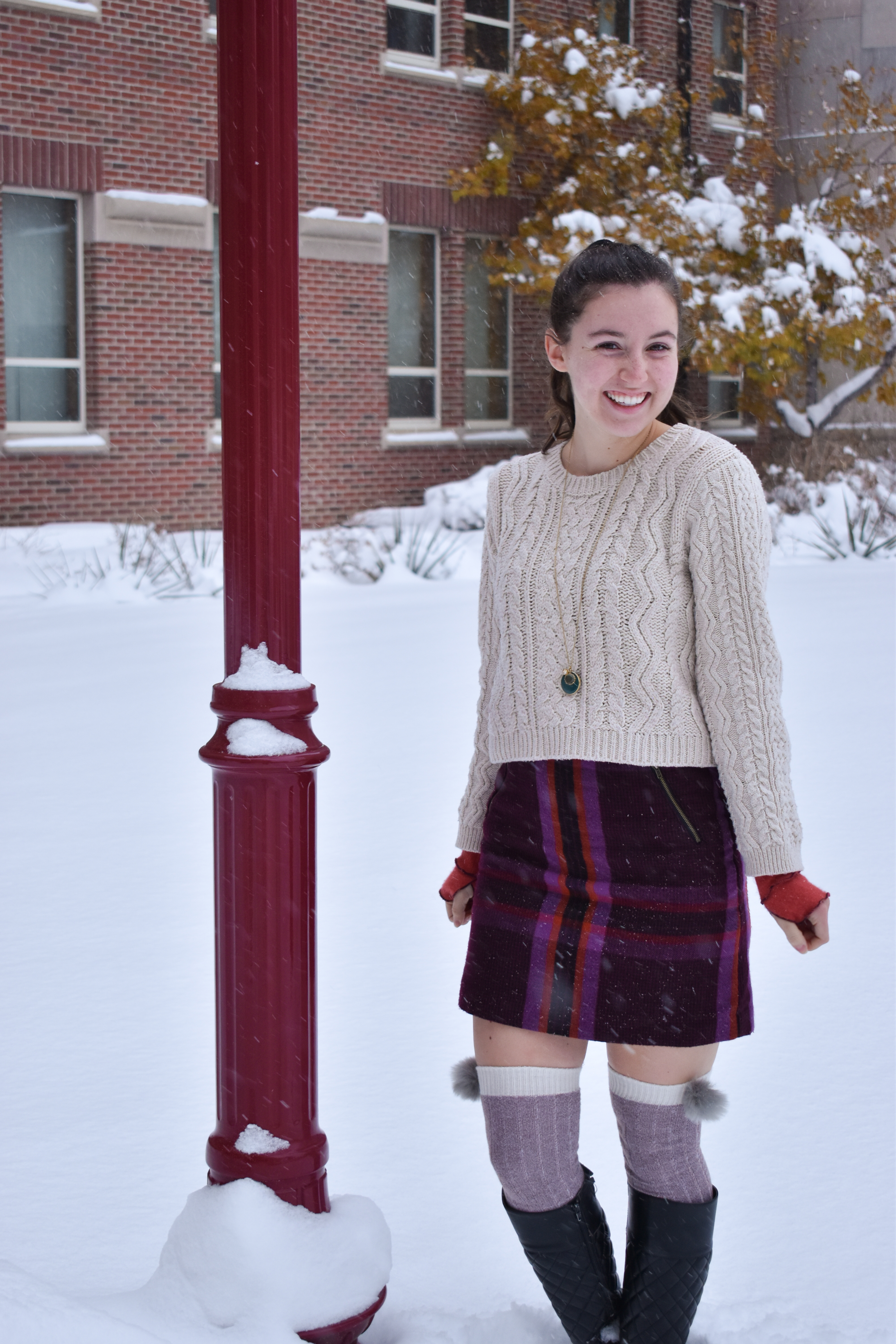 plaid skirt, cableknit sweater, winter outfit, knee socks