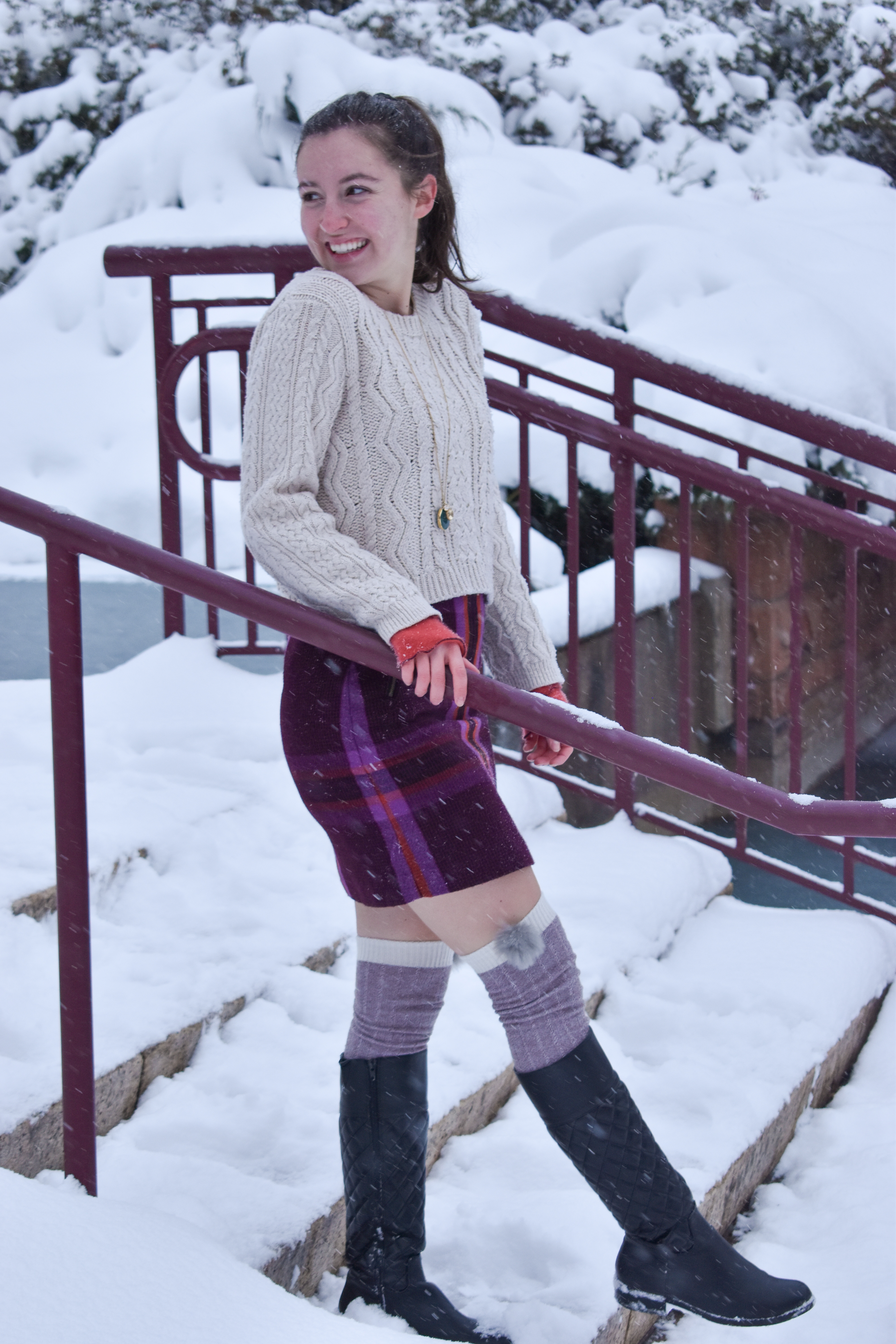 snow day, winter outfit, winter attire, pom pom knee socks