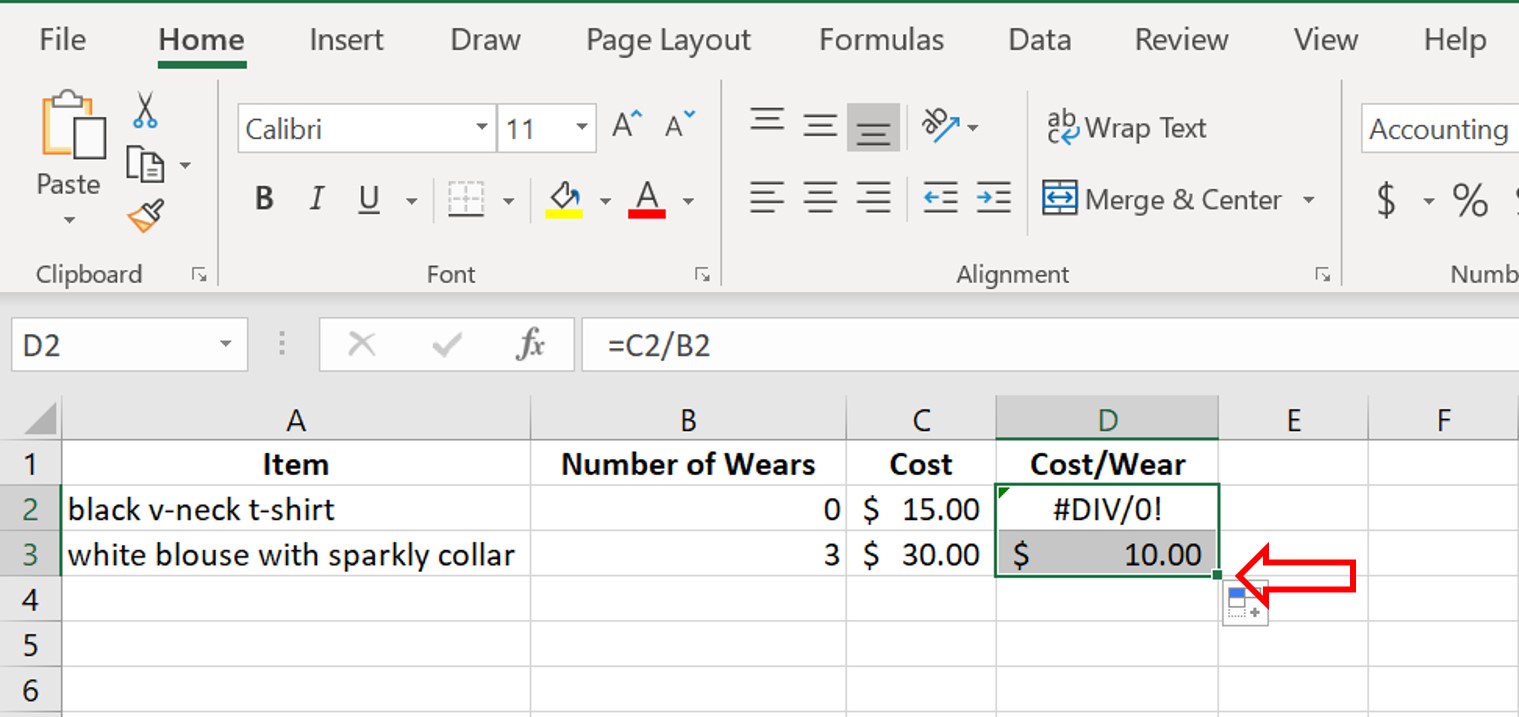 how to make a cost per wear spreadsheet