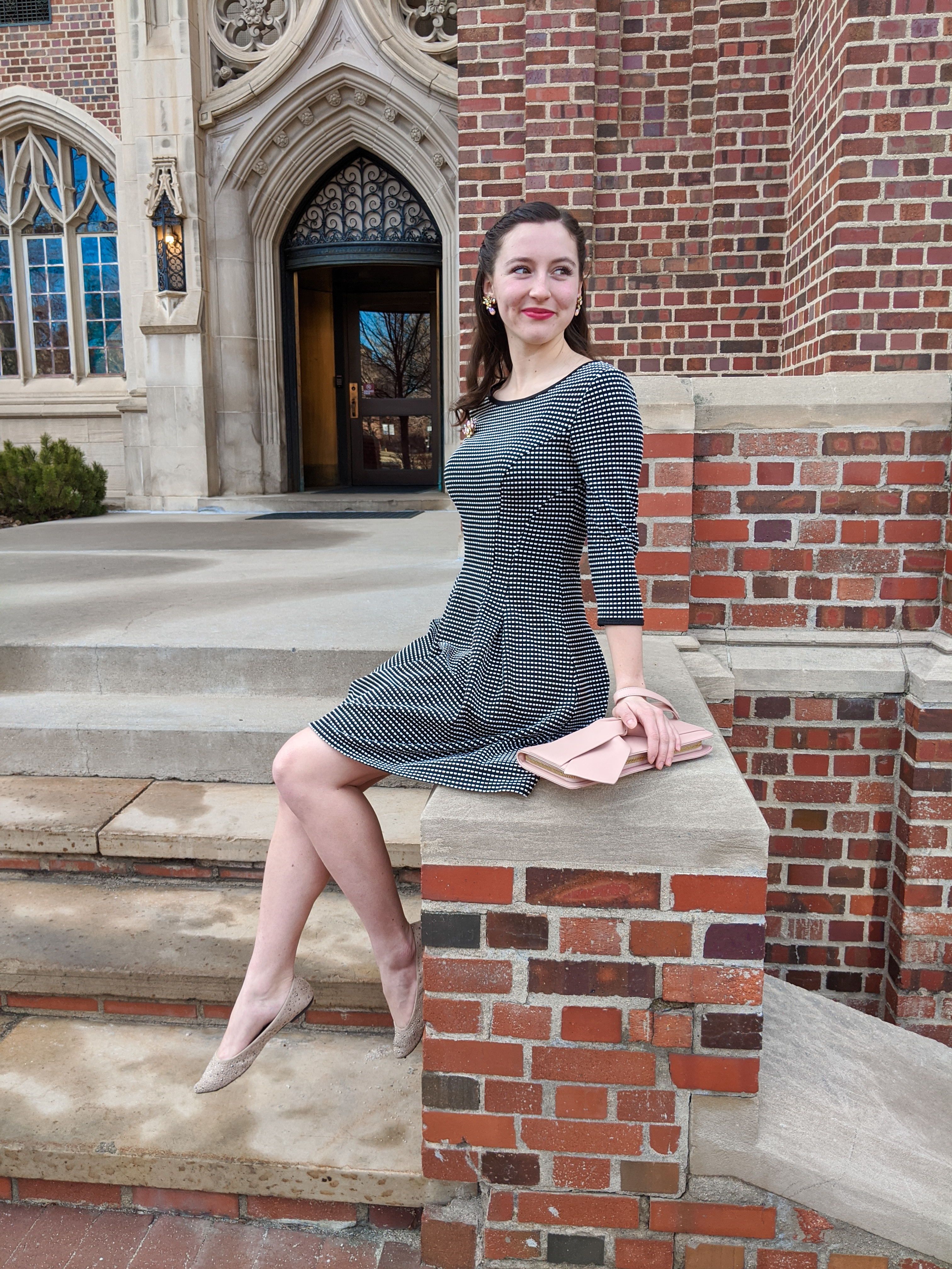 Nordstrom Rack, fit and flare dress, heirloom jewelry, pins